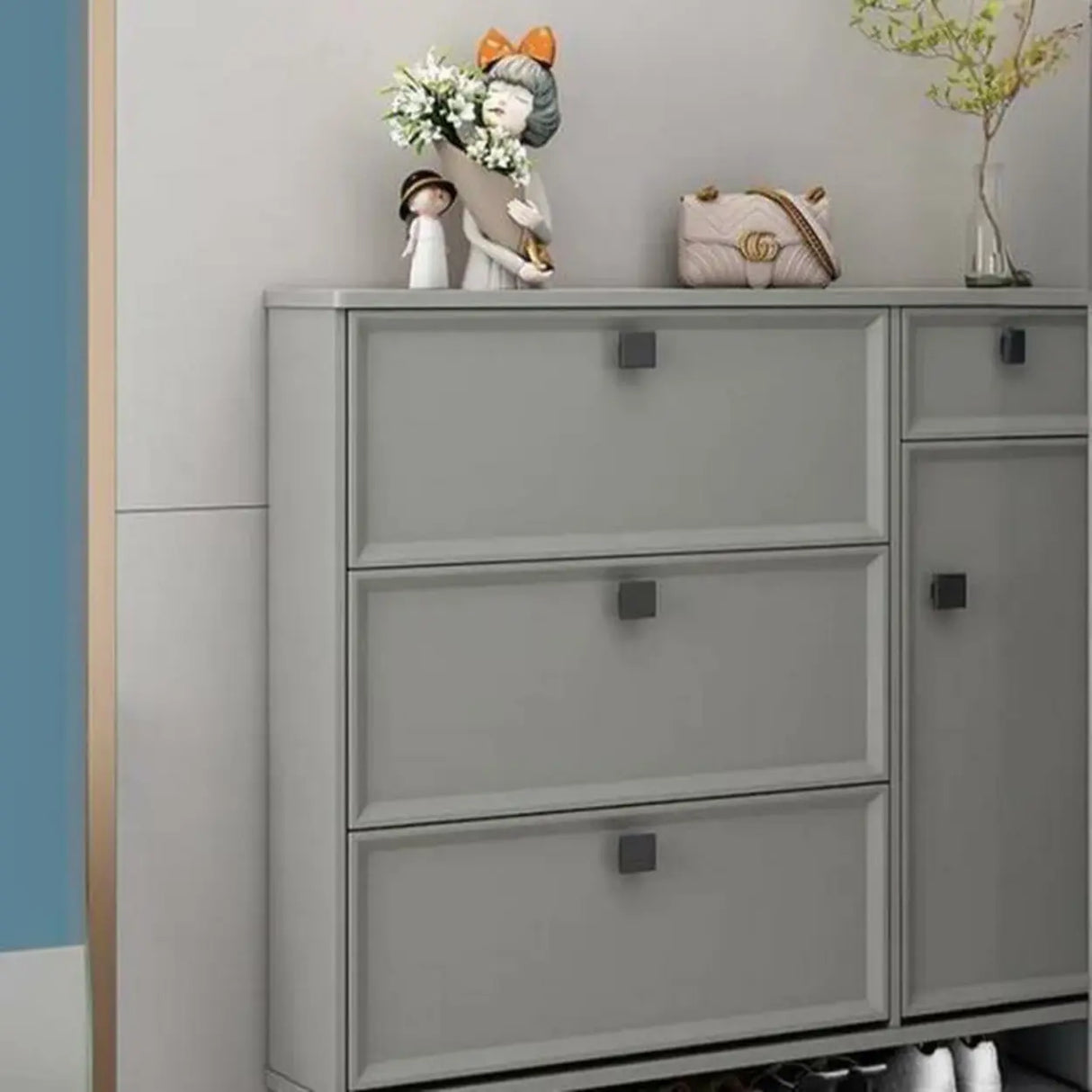 Adjustable Wood Green Large Drop Front Shoe Storage Cabinet Image - 15