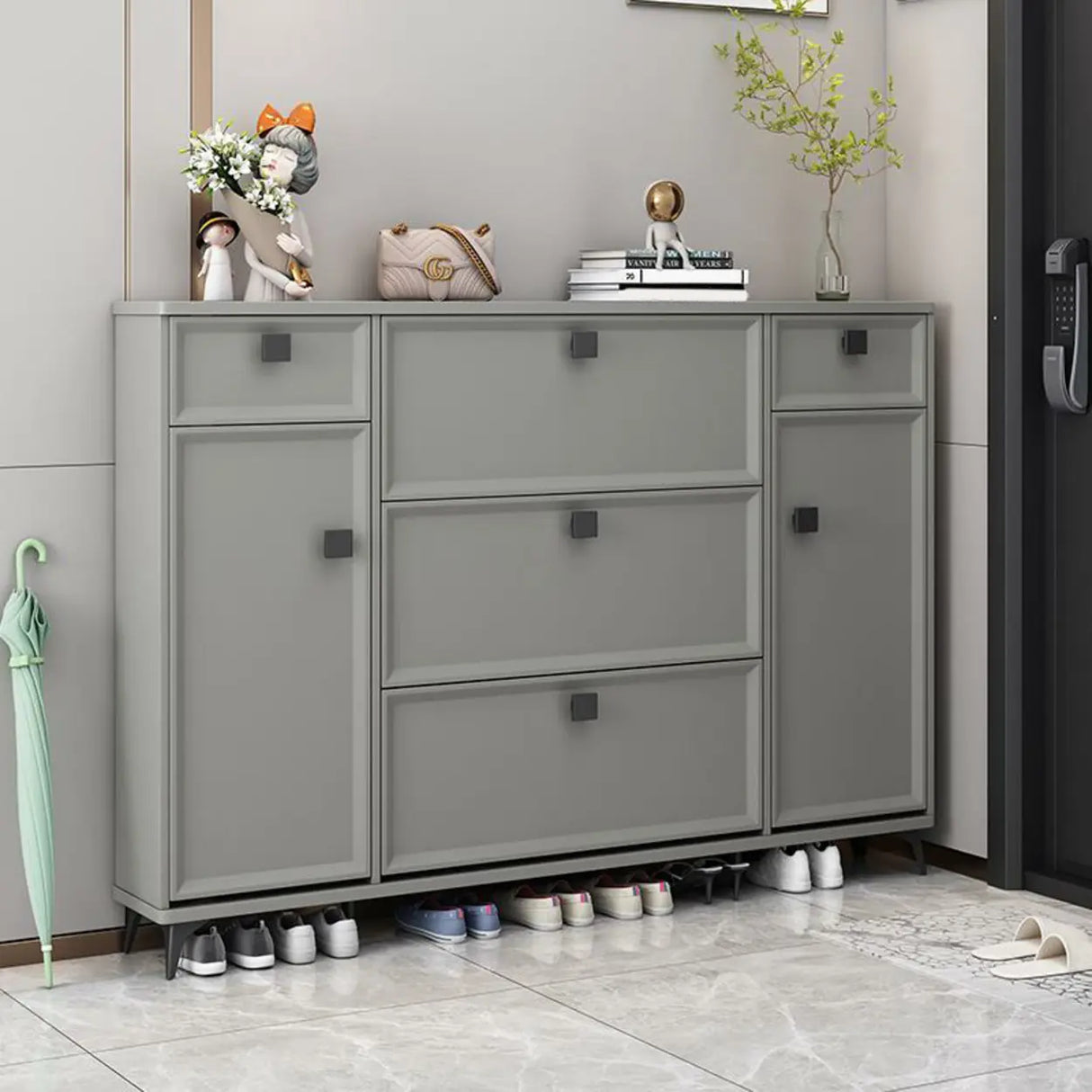 Adjustable Wood Green Large Drop Front Shoe Storage Cabinet Image - 4