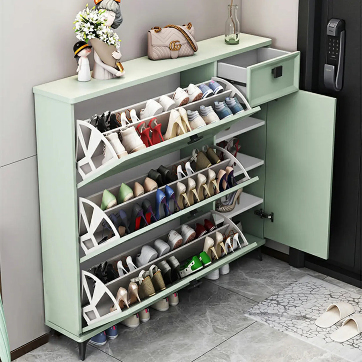 Adjustable Wood Green Large Drop Front Shoe Storage Cabinet Image - 8