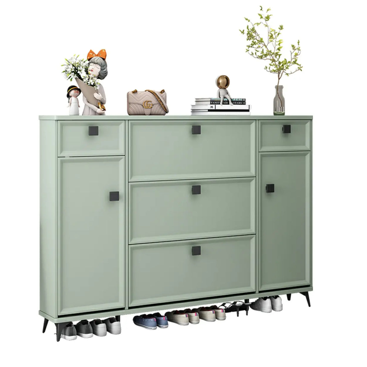 Adjustable Wood Green Large Drop Front Shoe Storage Cabinet Image - 9