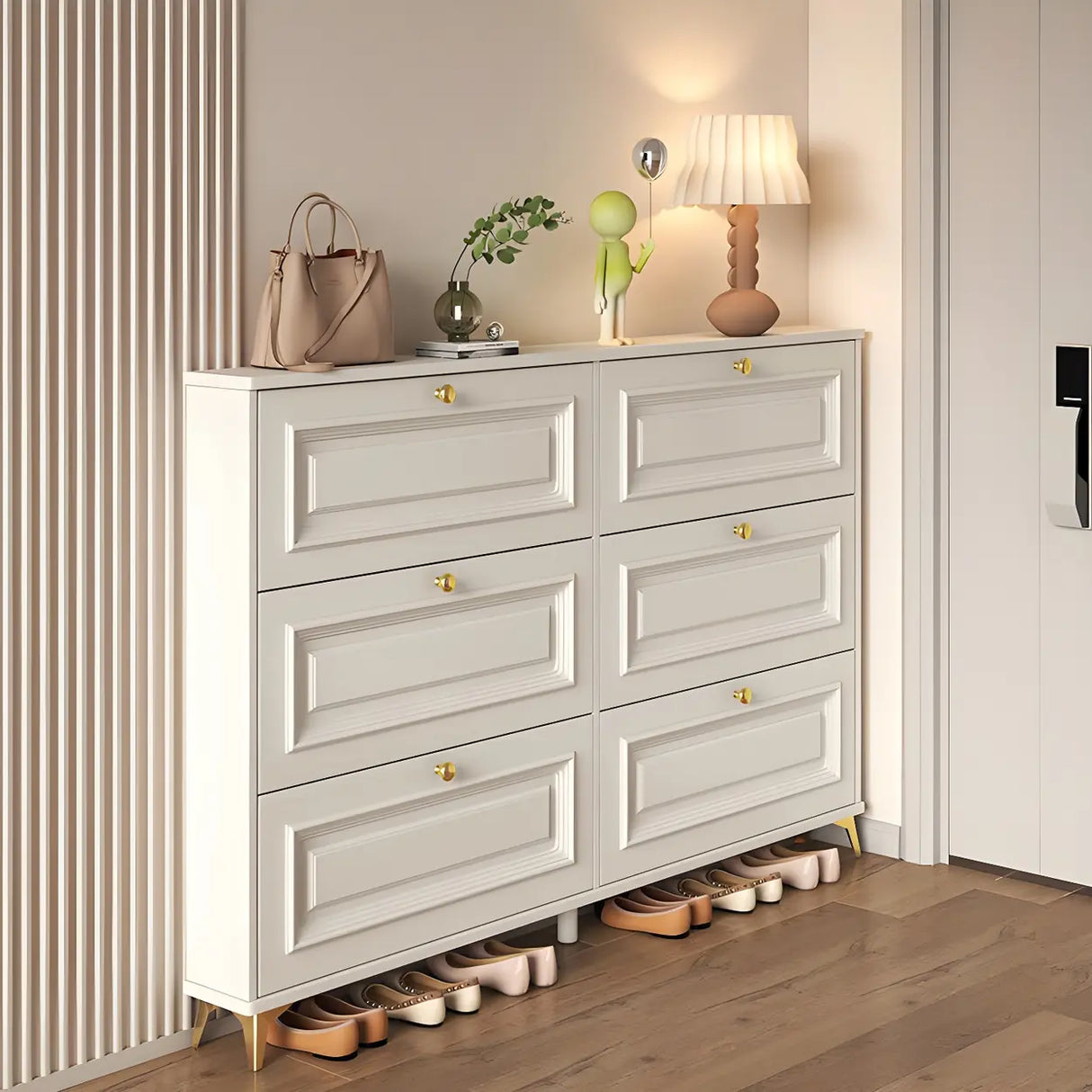 Adjustable Wood Hallway White Drop Front Shoe Storage Image - 1