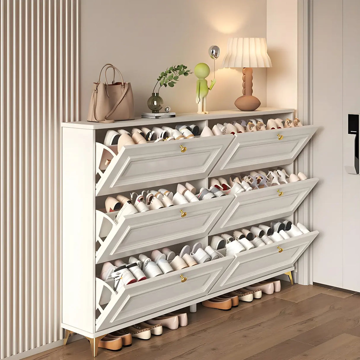 Adjustable Wood Hallway White Drop Front Shoe Storage Image - 3