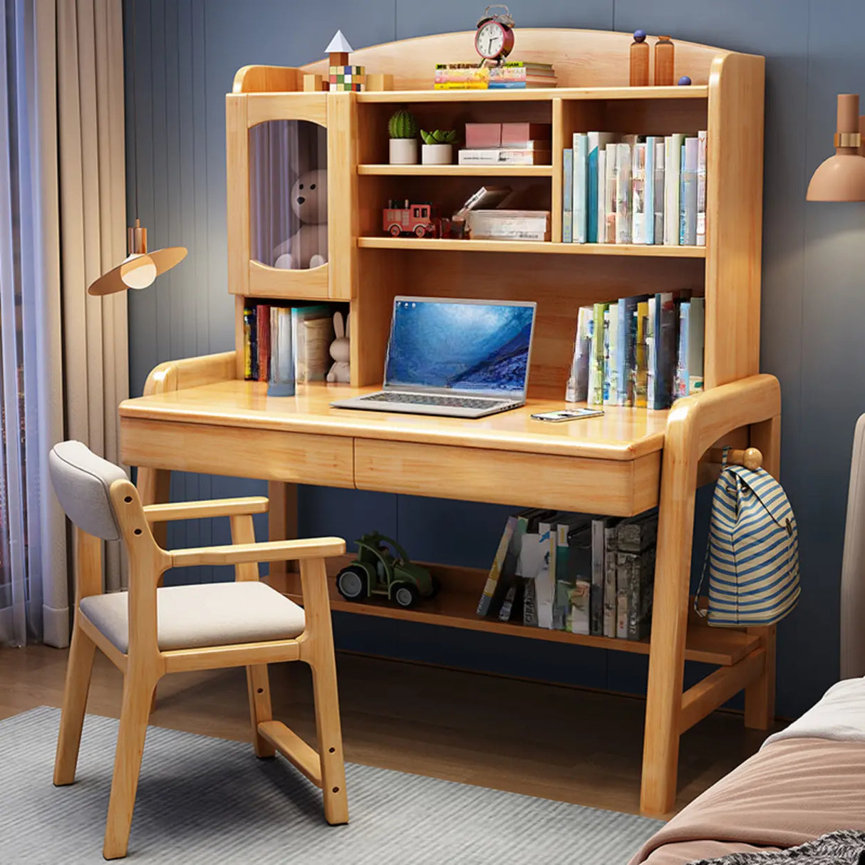 Adjustable Wood Storage Kids Desk with Cabinet and Hutch Image - 11