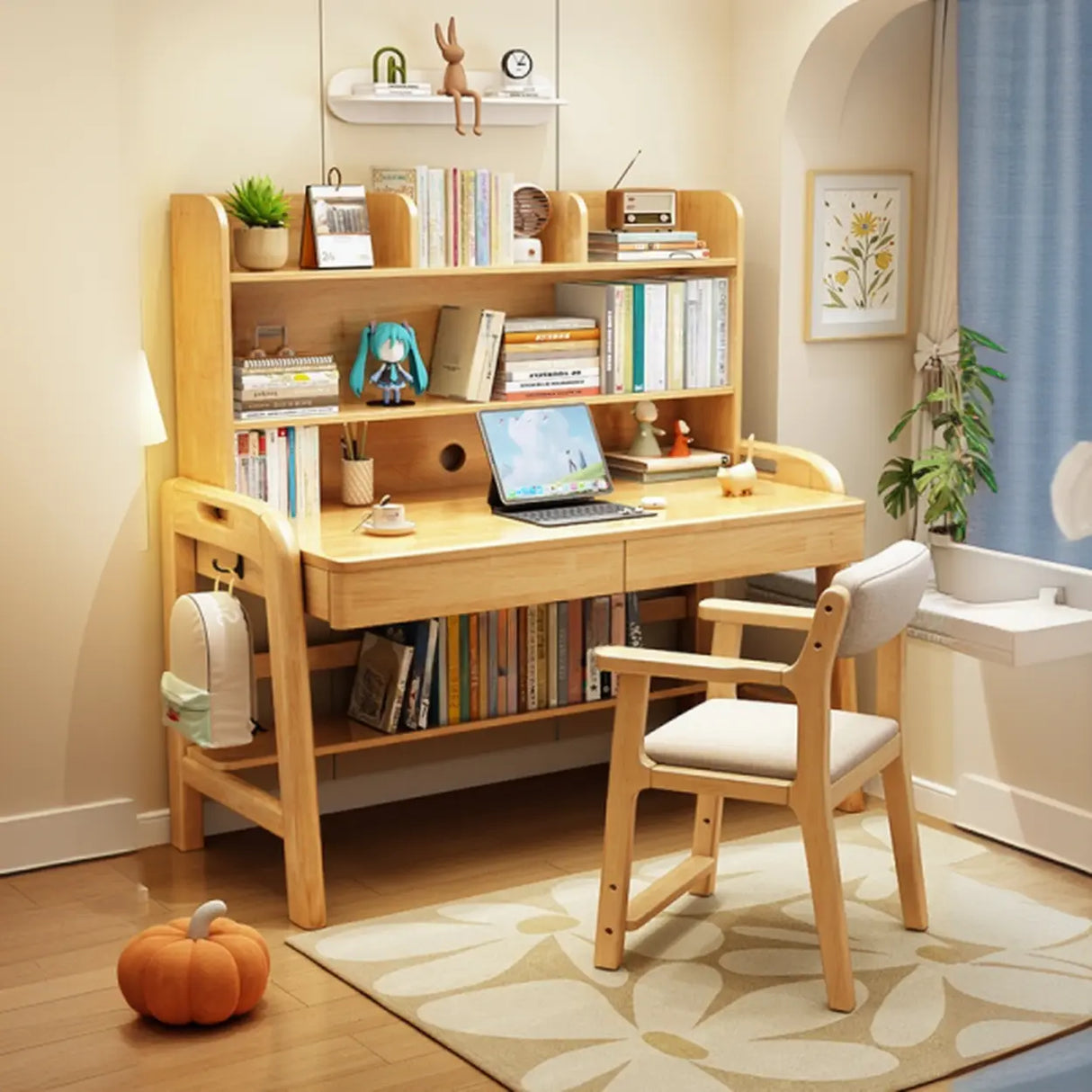 Adjustable Wood Storage Kids Desk with Drawer and Hutch Image - 1