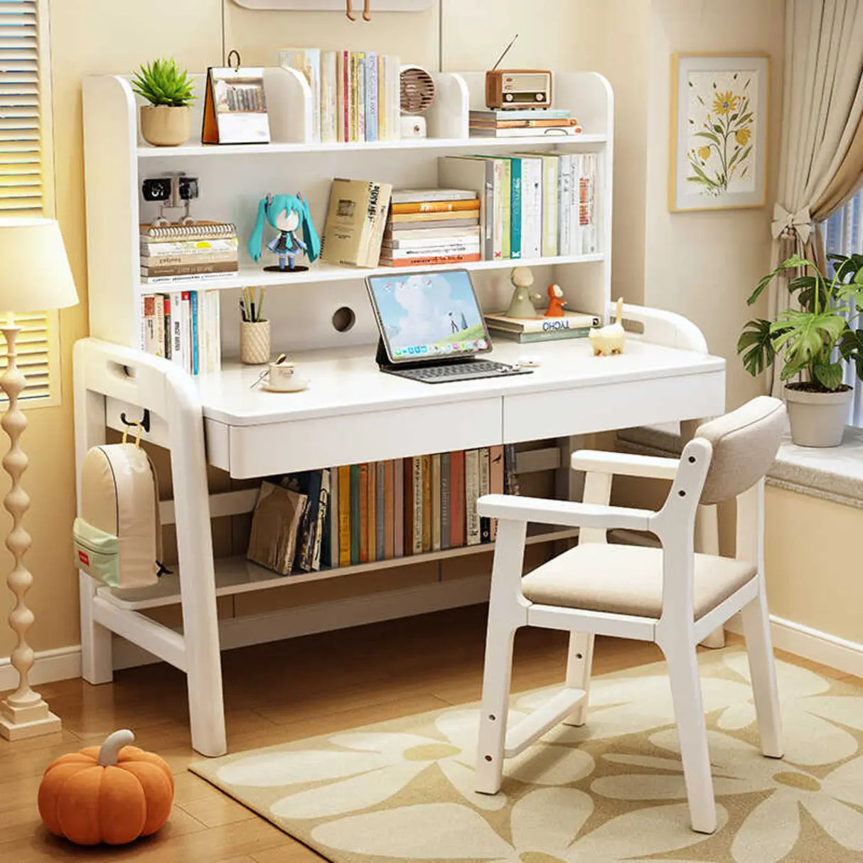 Adjustable Wood Storage Kids Desk with Drawer and Hutch Image - 14