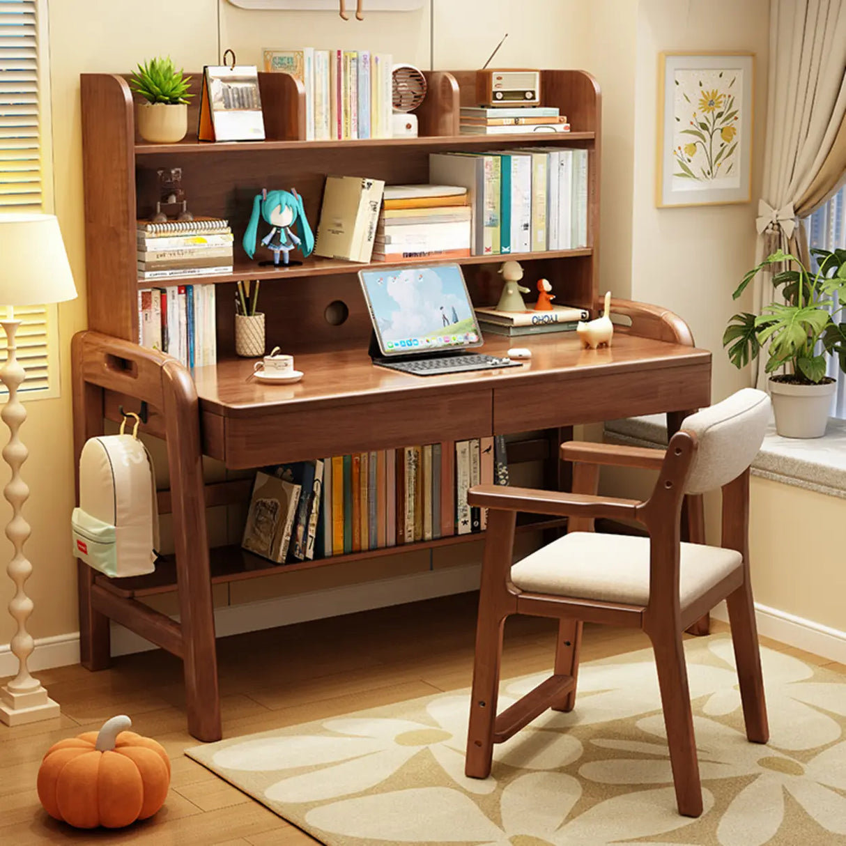 Adjustable Wood Storage Kids Desk with Drawer and Hutch Image - 16
