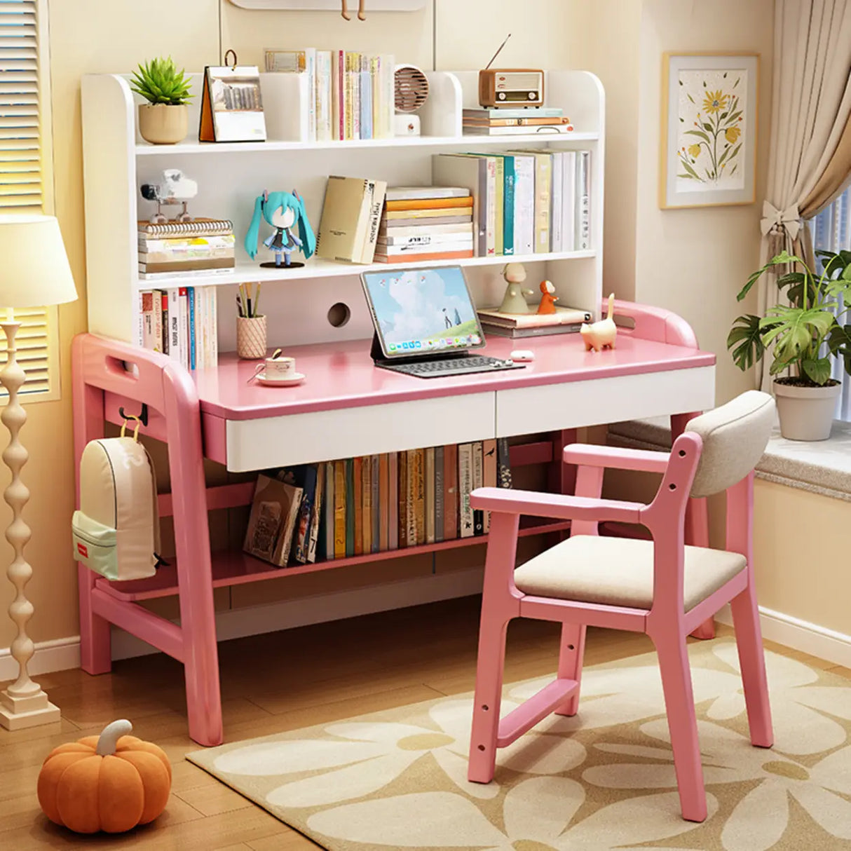 Adjustable Wood Storage Kids Desk with Drawer and Hutch Image - 18