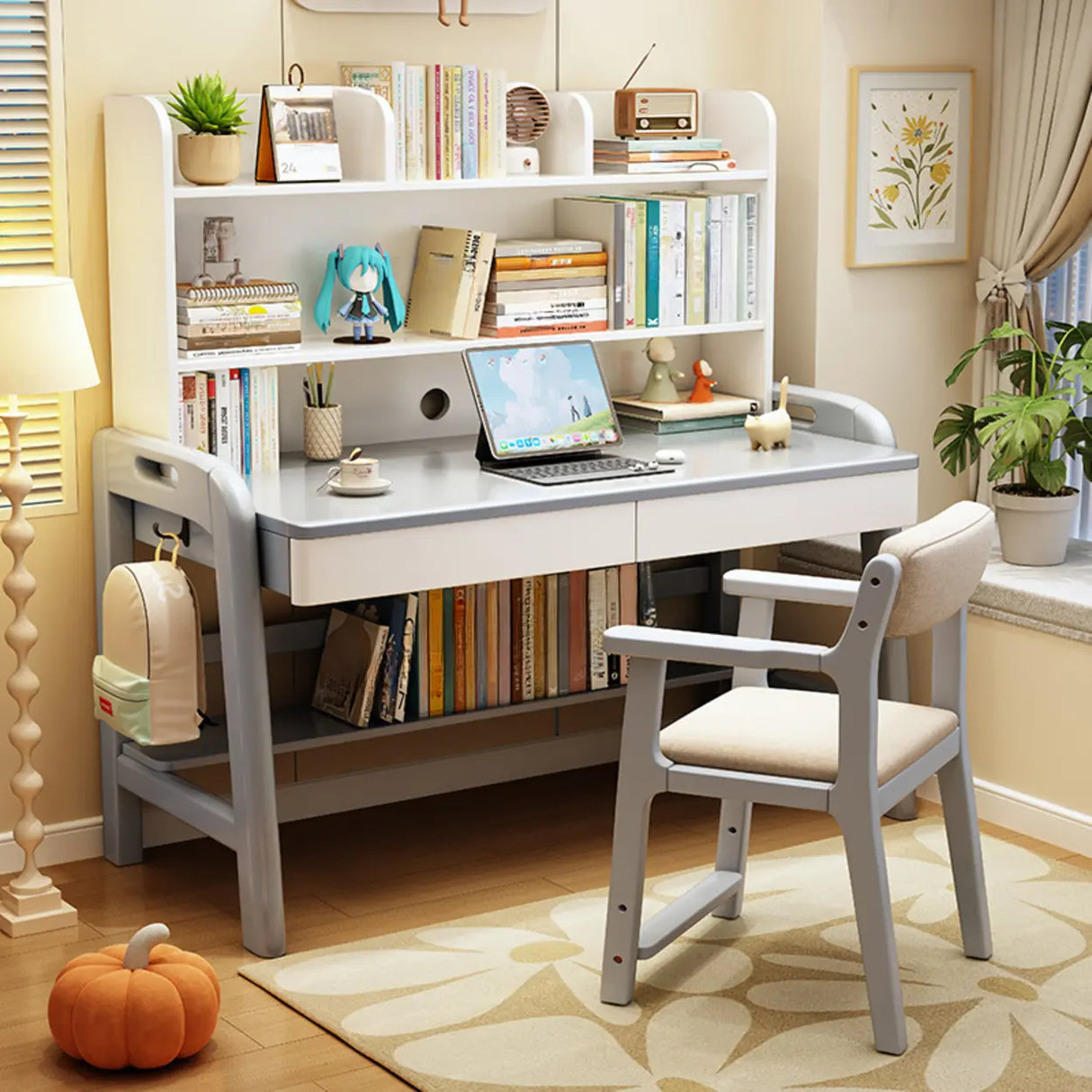 Adjustable Wood Storage Kids Desk with Drawer and Hutch Image - 3
