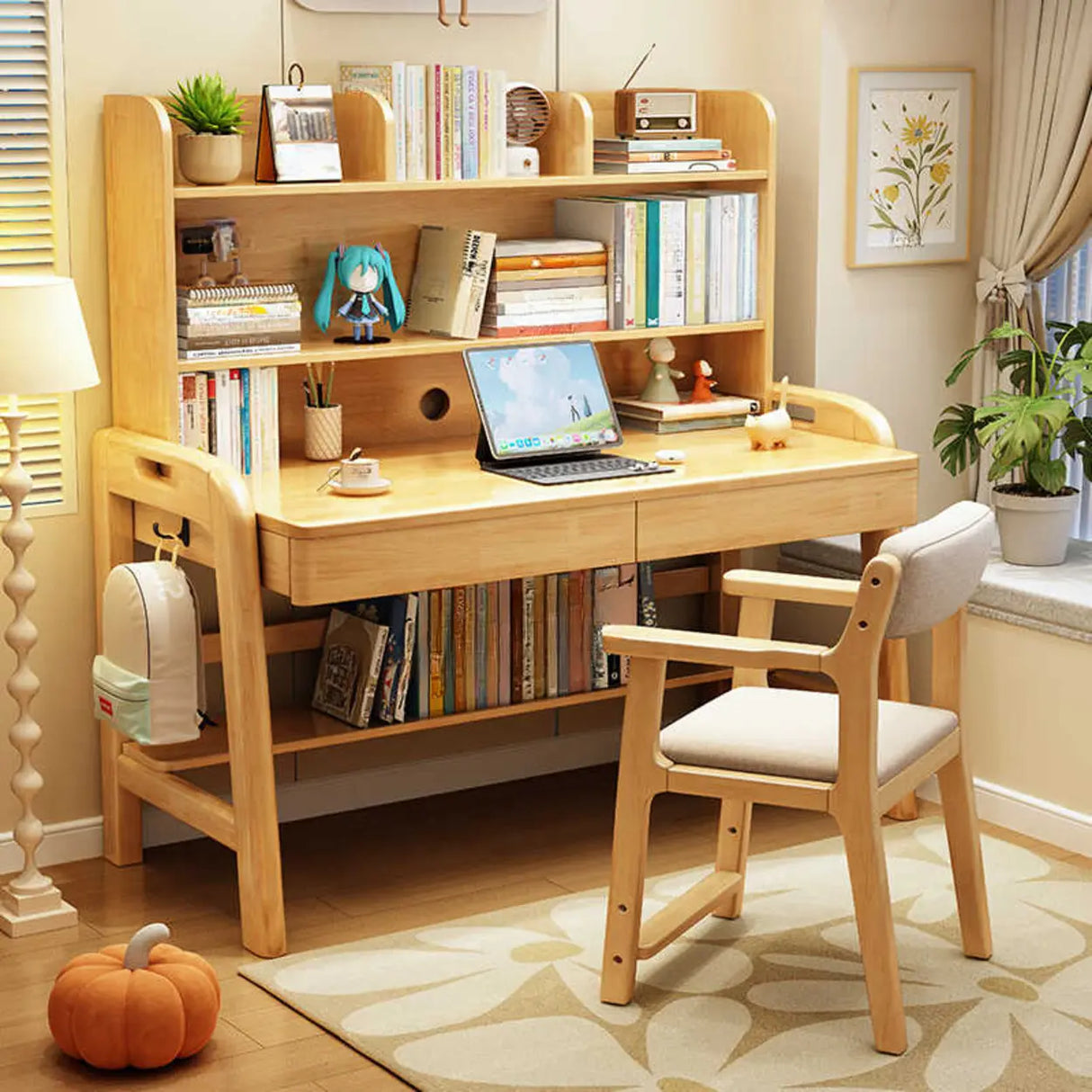 Adjustable Wood Storage Kids Desk with Drawer and Hutch Image - 9