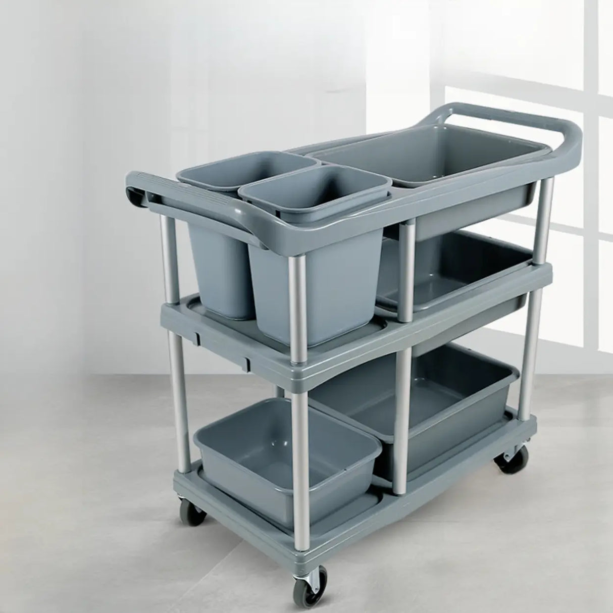 Aluminum Casters Utility Cart with Shelves and Bin Image - 1