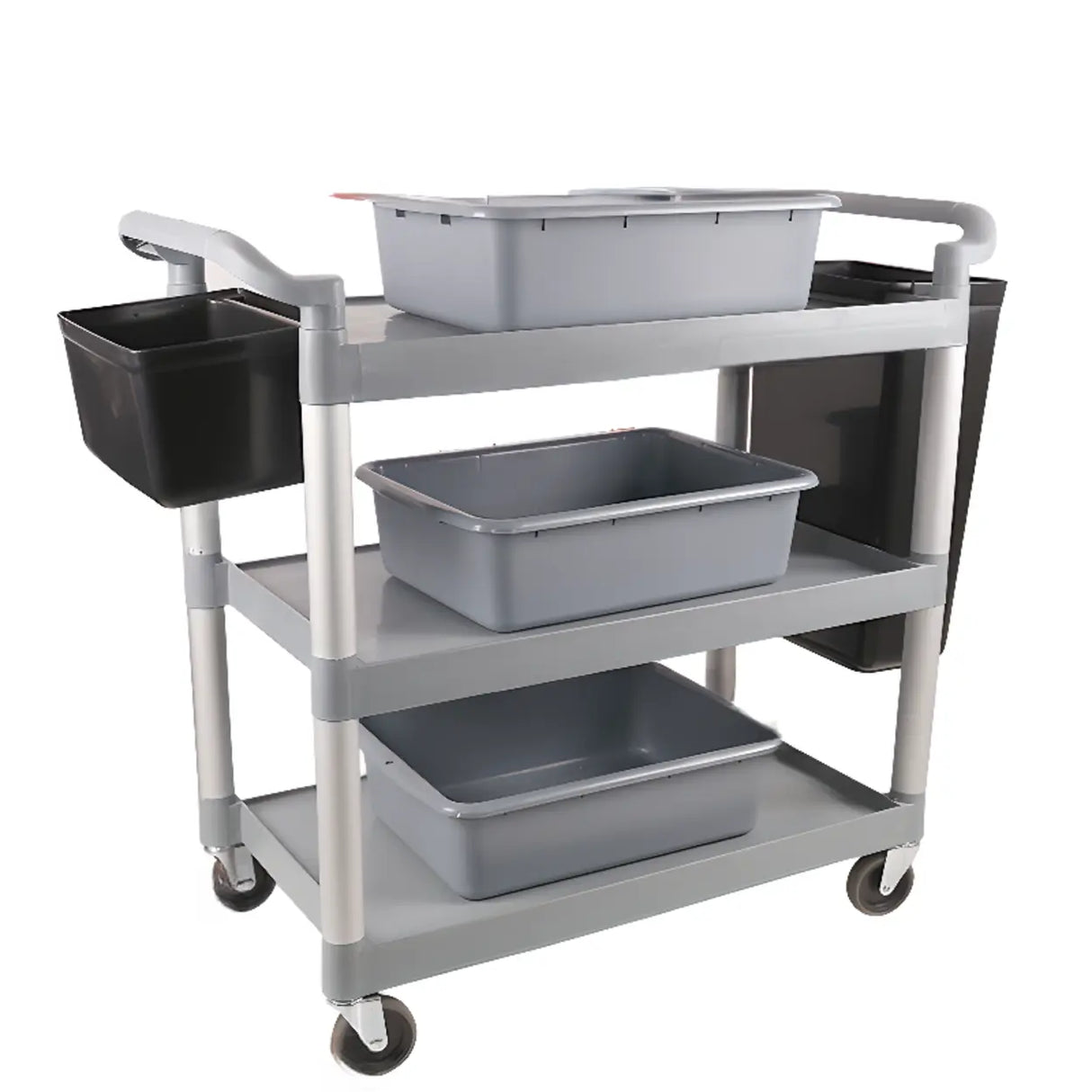 Aluminum Casters Utility Cart with Shelves and Bin Image - 5