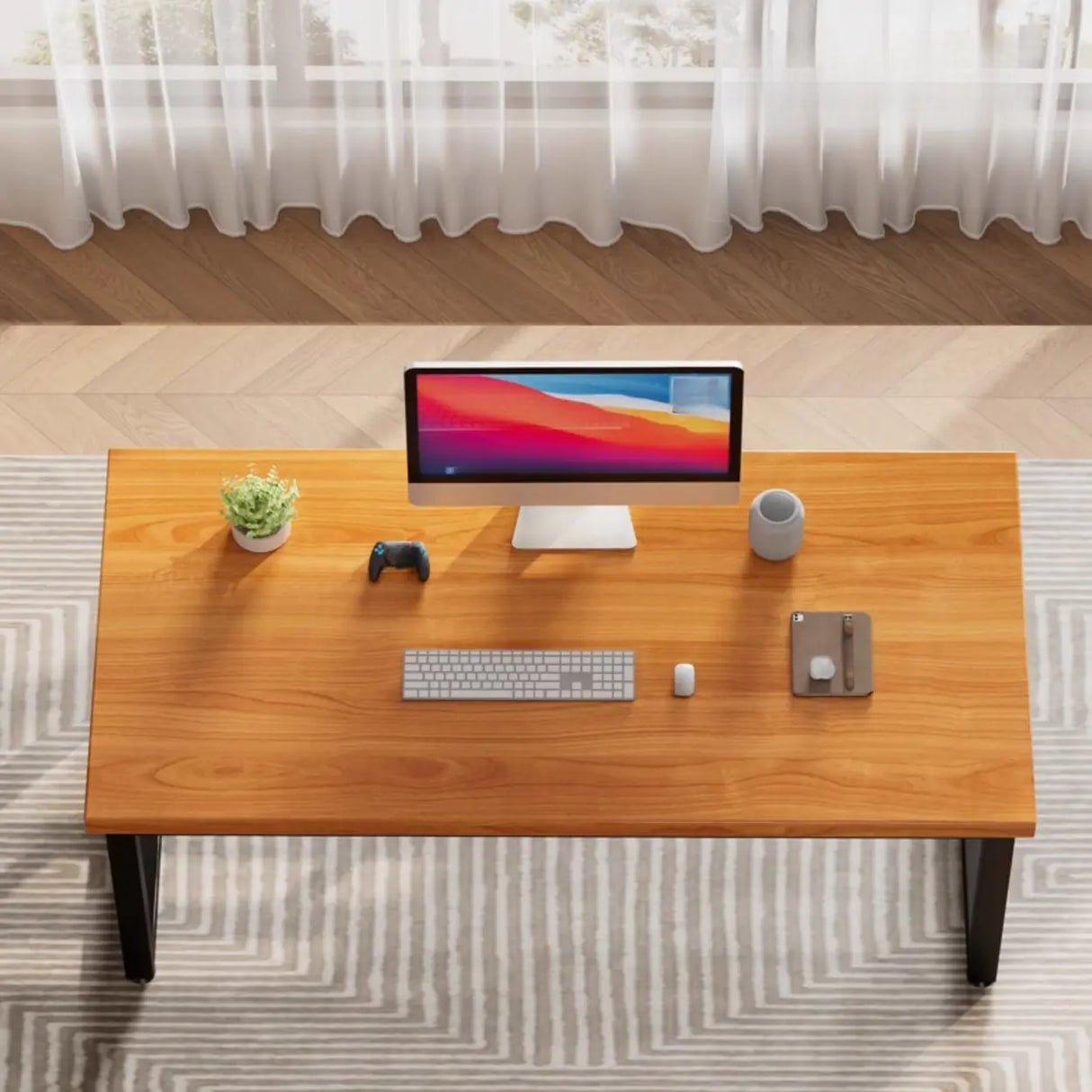 Amber Wood Rectangle Butcher Block Sled Writing Desk Image - 4