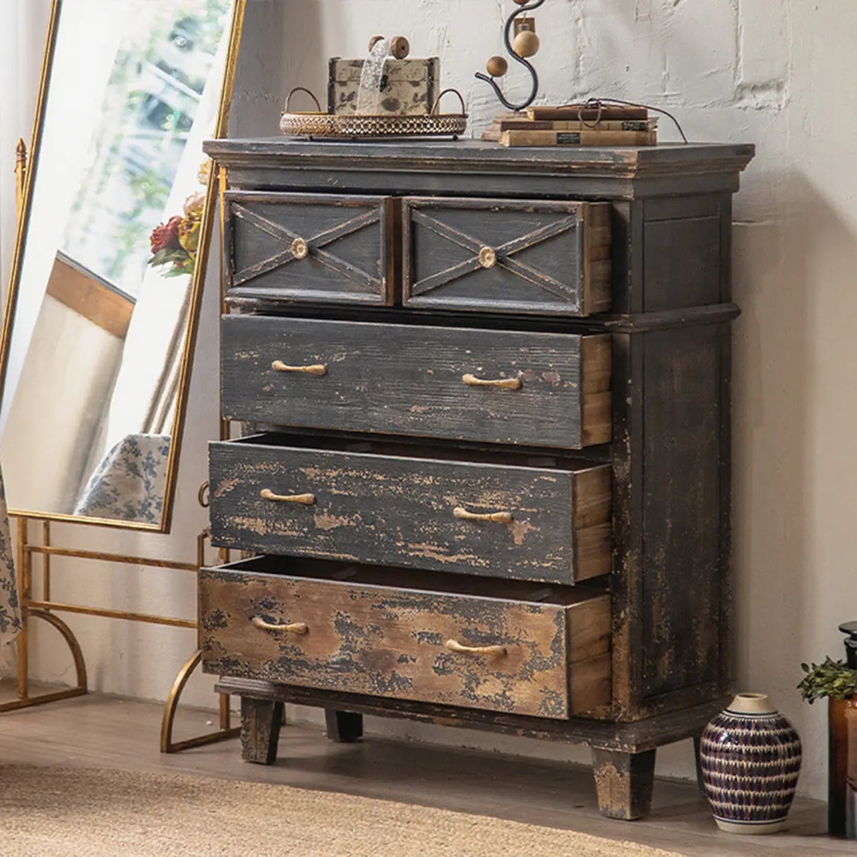 American Country Vintage Distressed Wood Drawer Buffet Sideboard Image - 1