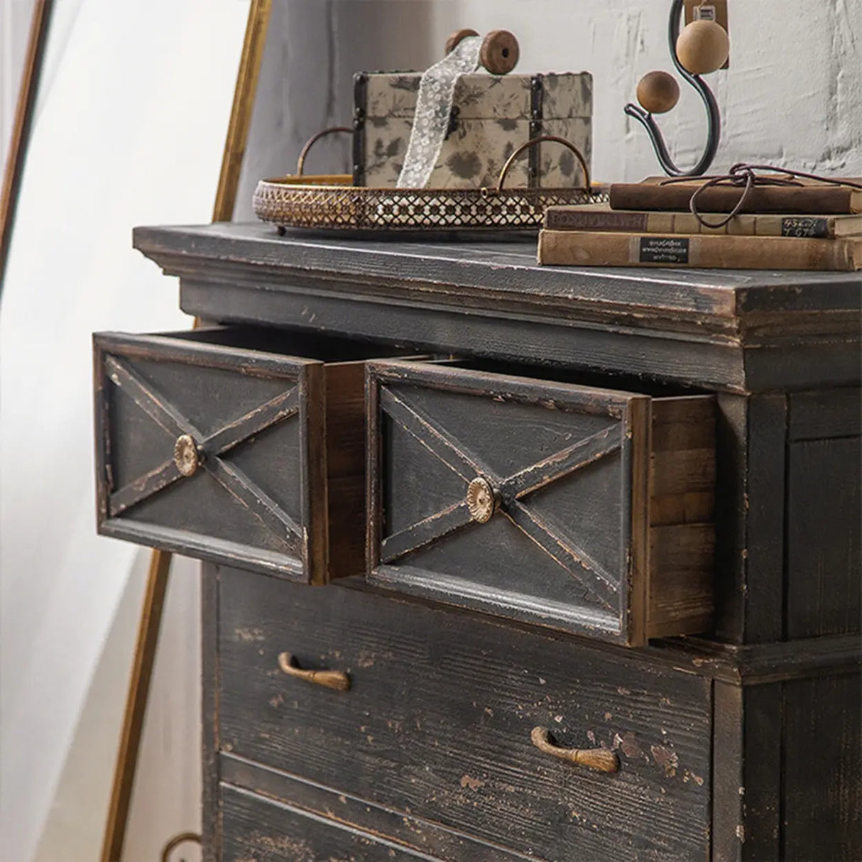 American Country Vintage Distressed Wood Drawer Buffet Sideboard Image - 3