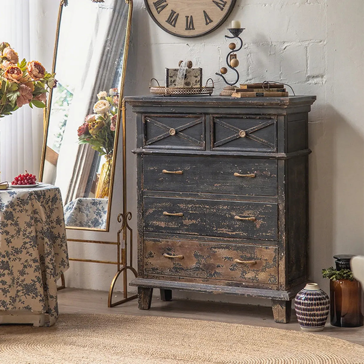 American Country Vintage Distressed Wood Drawer Buffet Sideboard Image - 4