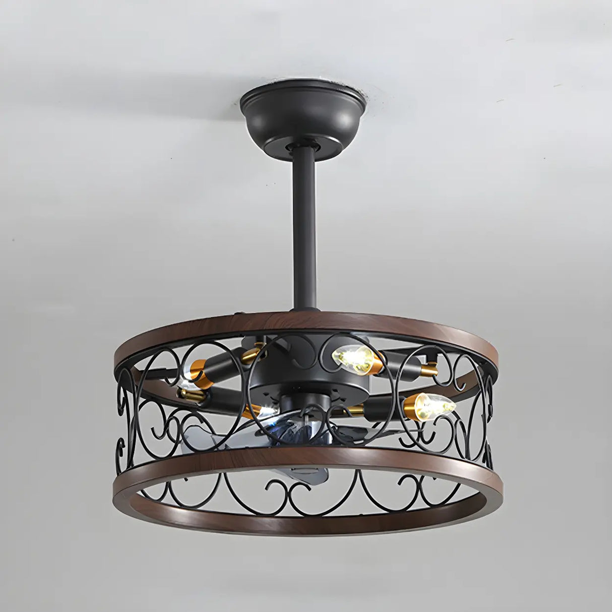 American Style Unique Black Cage Ceiling Fan With Light Image - 1
