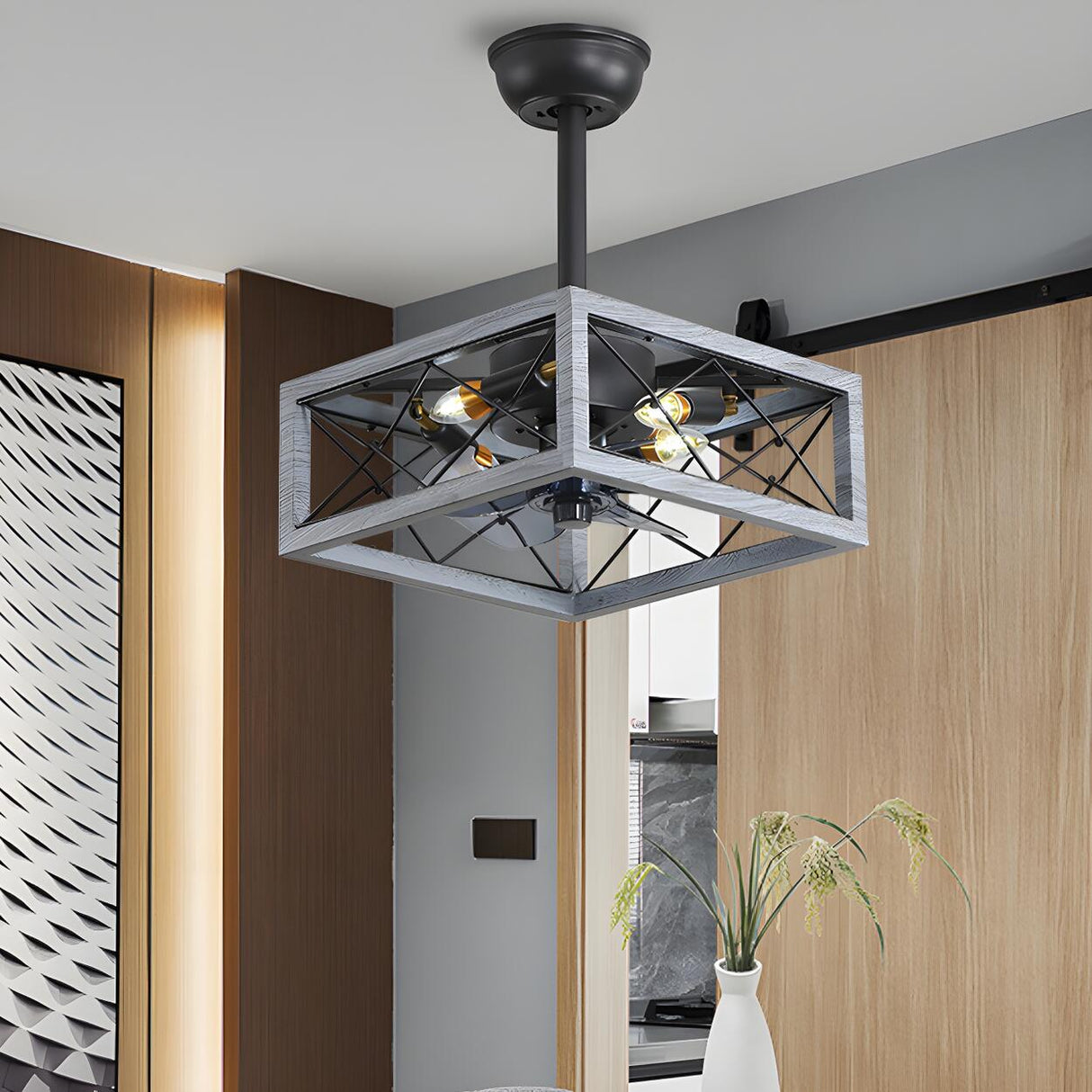 American Style Unique Black Cage Ceiling Fan With Light Image - 13