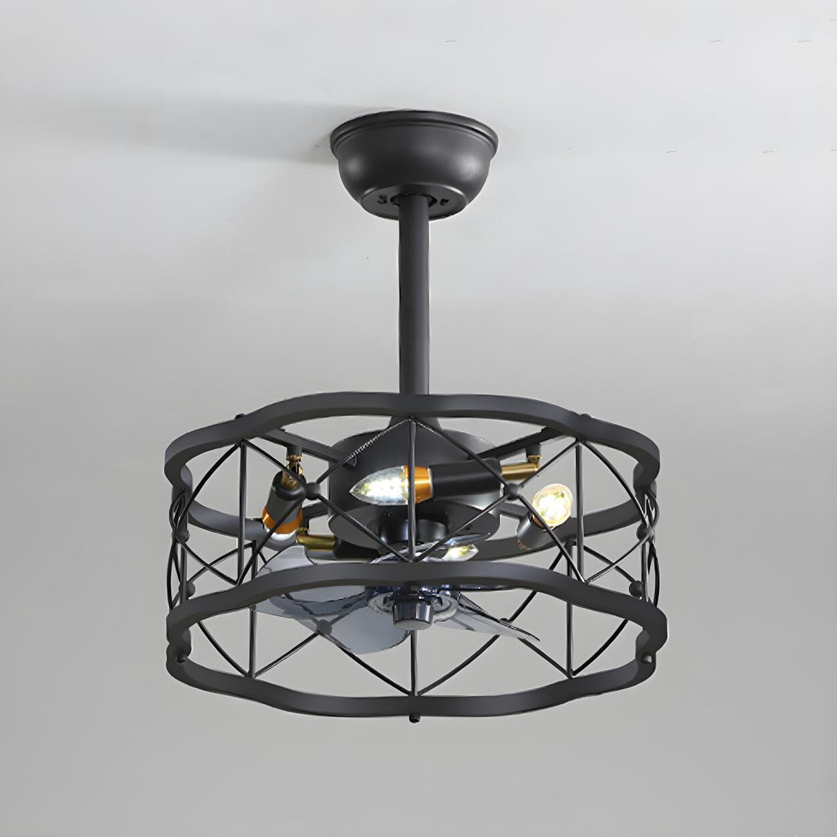 American Style Unique Black Cage Ceiling Fan With Light Image - 14