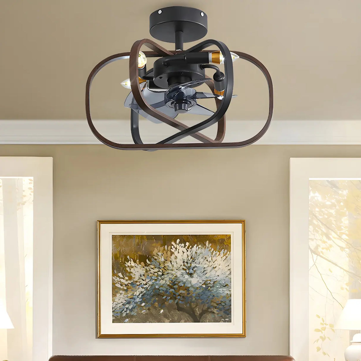 American Style Unique Black Cage Ceiling Fan With Light Image - 2