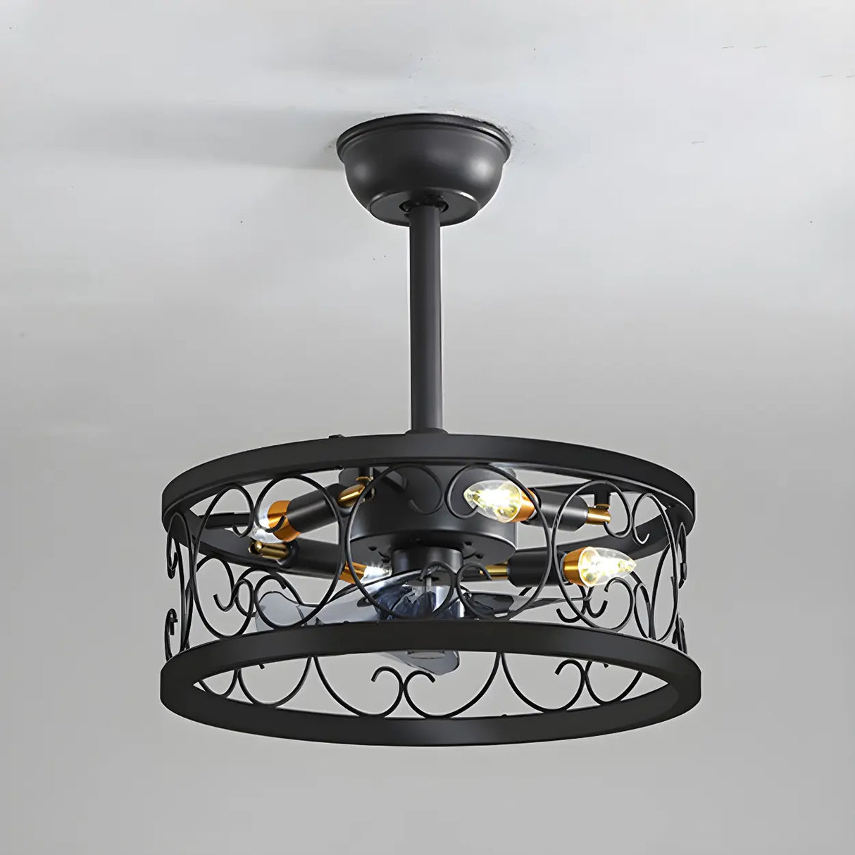 American Style Unique Black Cage Ceiling Fan With Light Image - 3