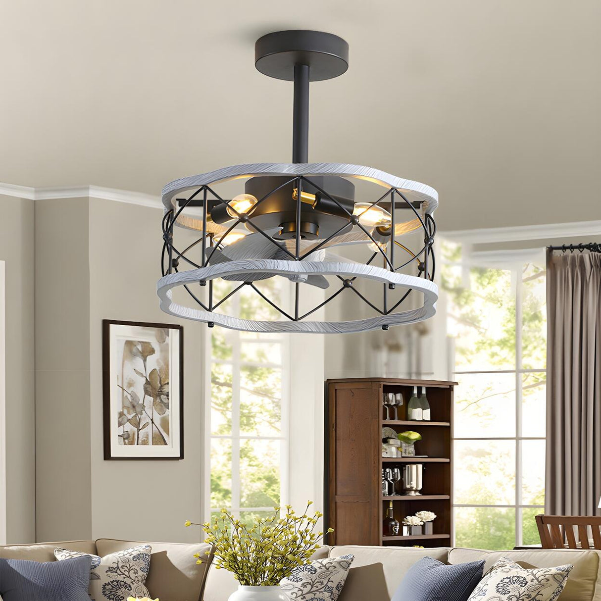 American Style Unique Black Cage Ceiling Fan With Light Image - 4