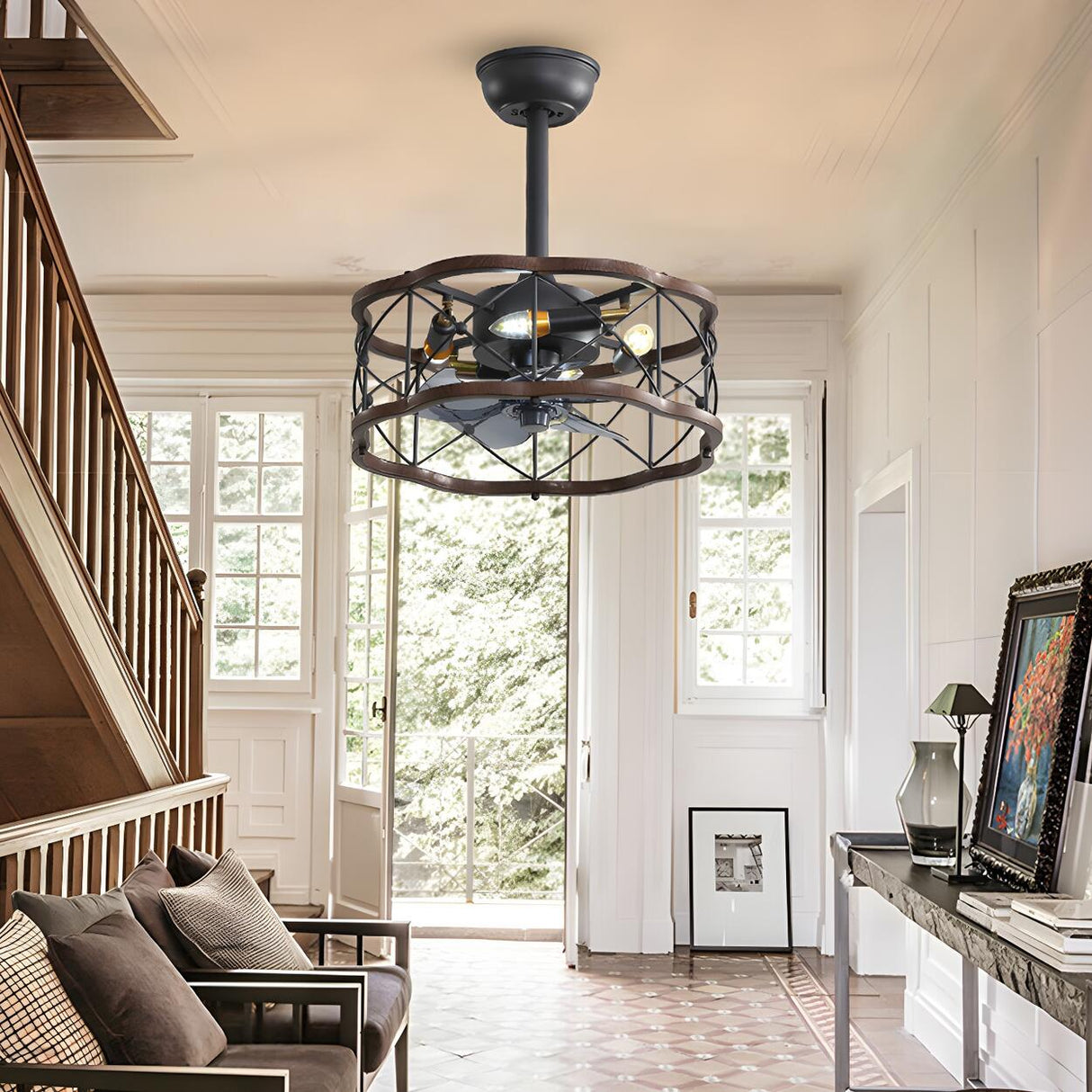 American Style Unique Black Cage Ceiling Fan With Light Image - 5
