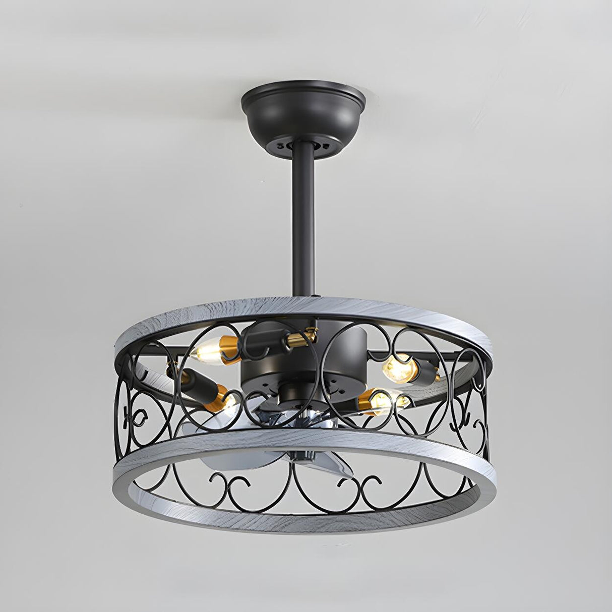 American Style Unique Black Cage Ceiling Fan With Light Image - 6