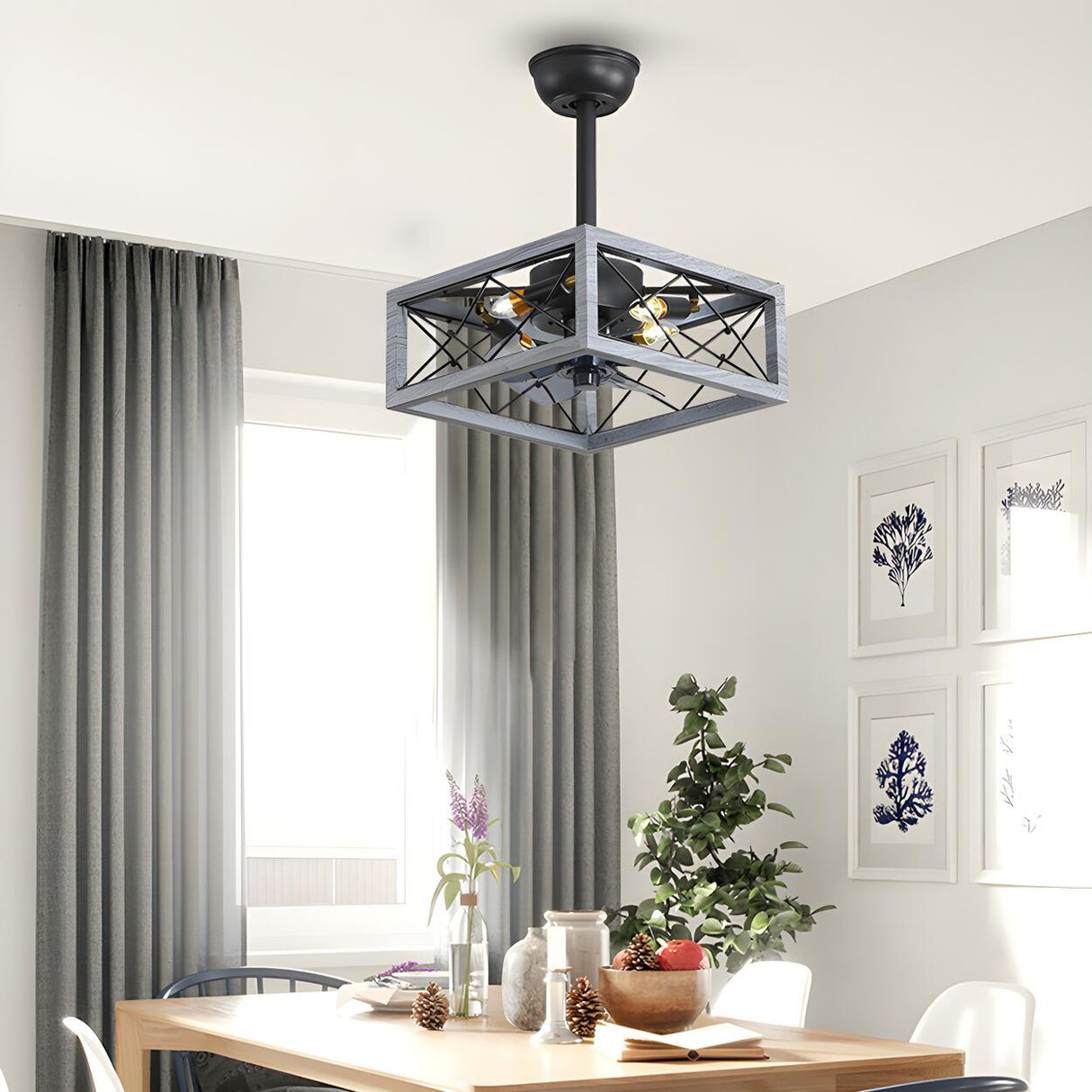 American Style Unique Black Cage Ceiling Fan With Light Image - 8