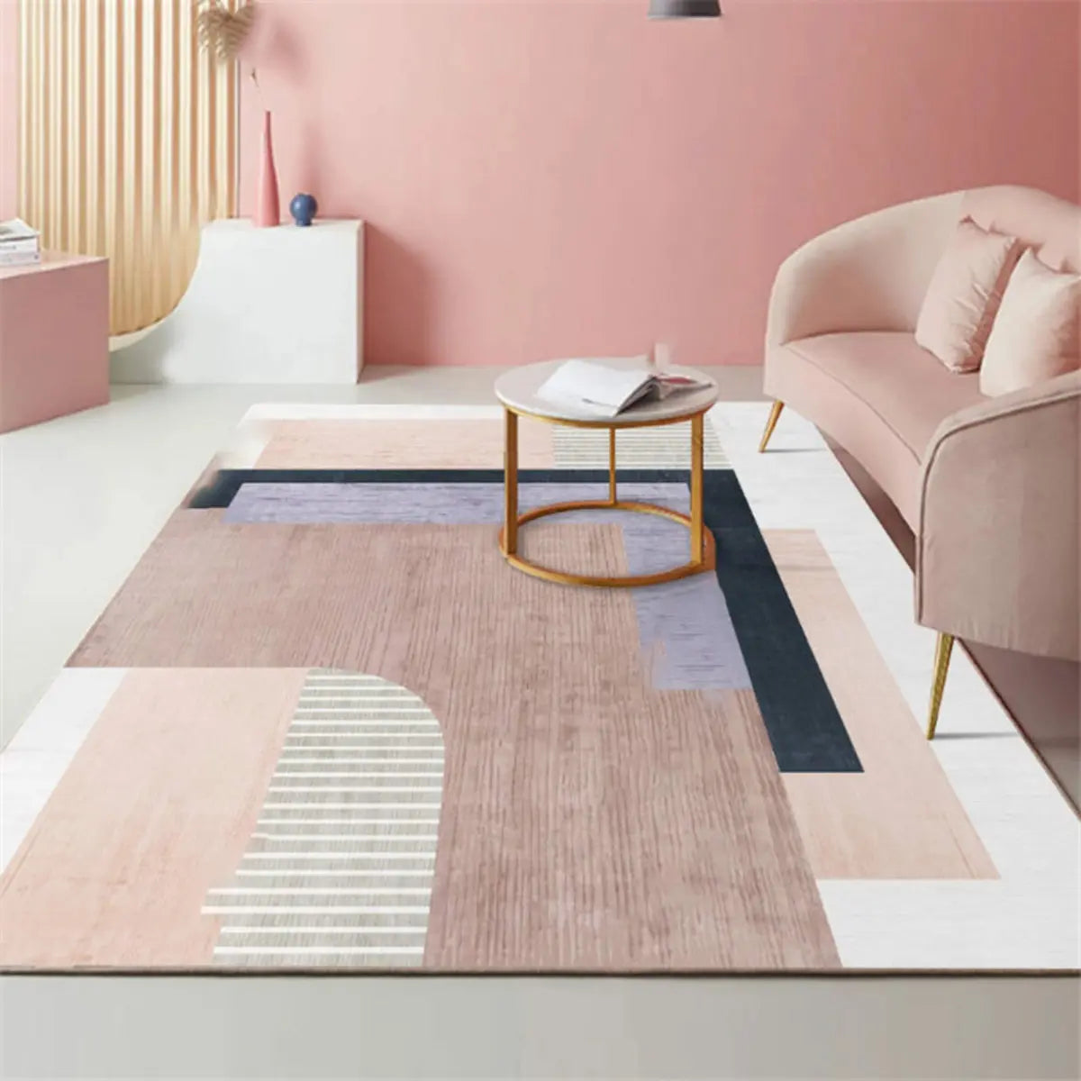 Anti-Slip Modern Geometric Polyester Pink Area Rug Image - 1