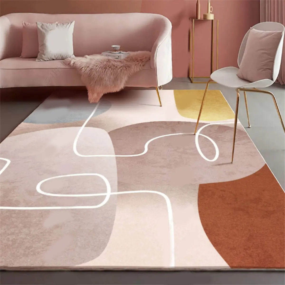 Anti-Slip Modern Geometric Polyester Pink Area Rug Image - 11