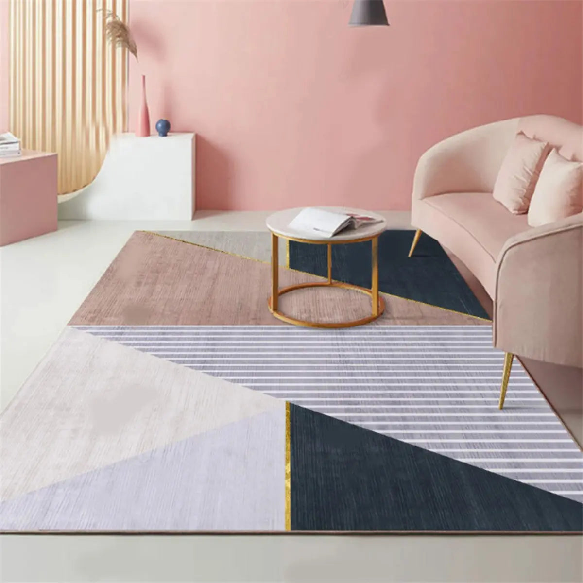 Anti-Slip Modern Geometric Polyester Pink Area Rug Image - 14