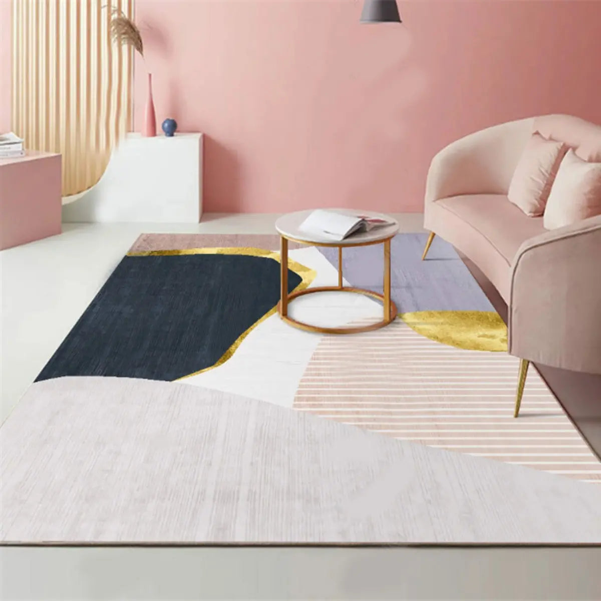 Anti-Slip Modern Geometric Polyester Pink Area Rug Image - 16