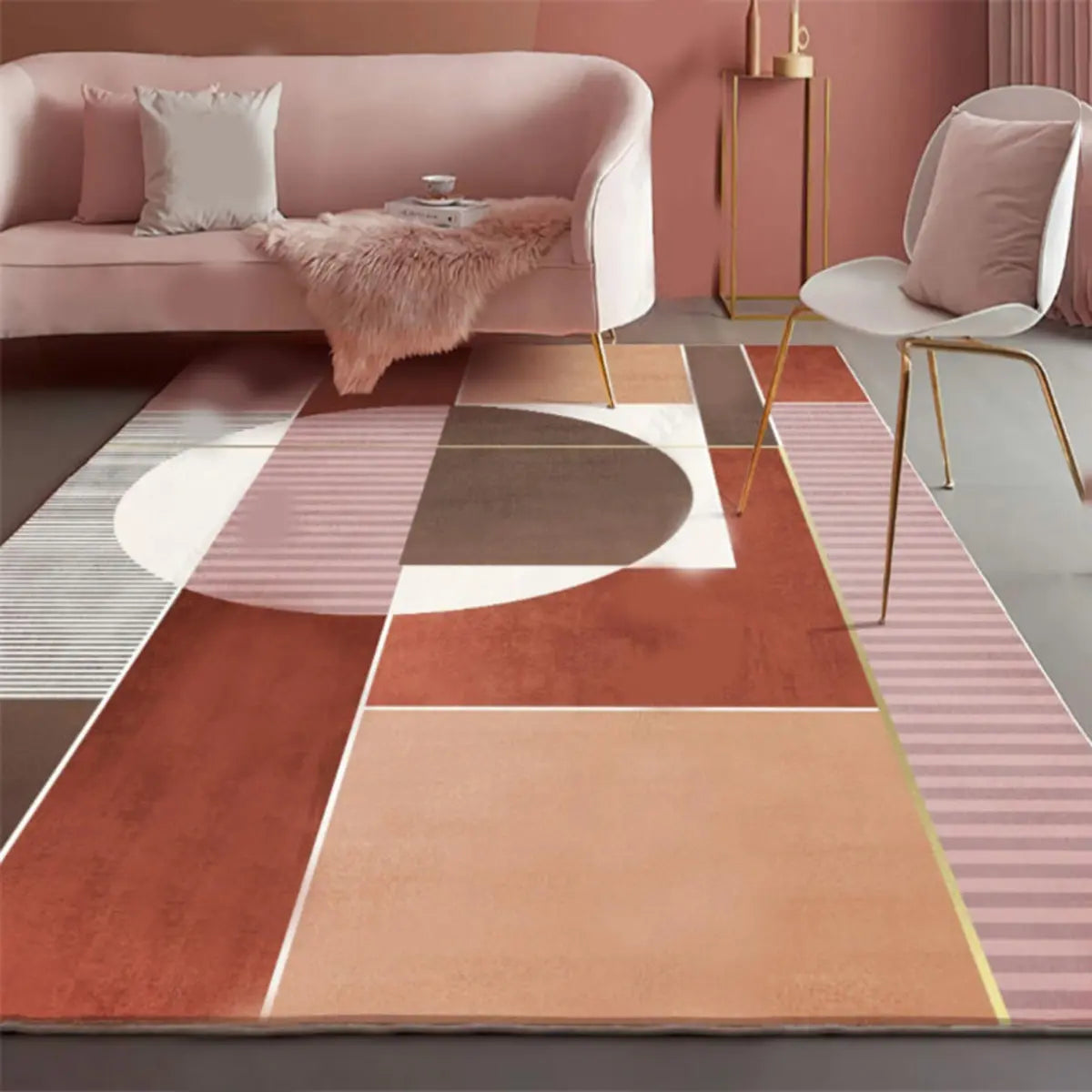 Anti-Slip Modern Geometric Polyester Pink Area Rug Image - 19