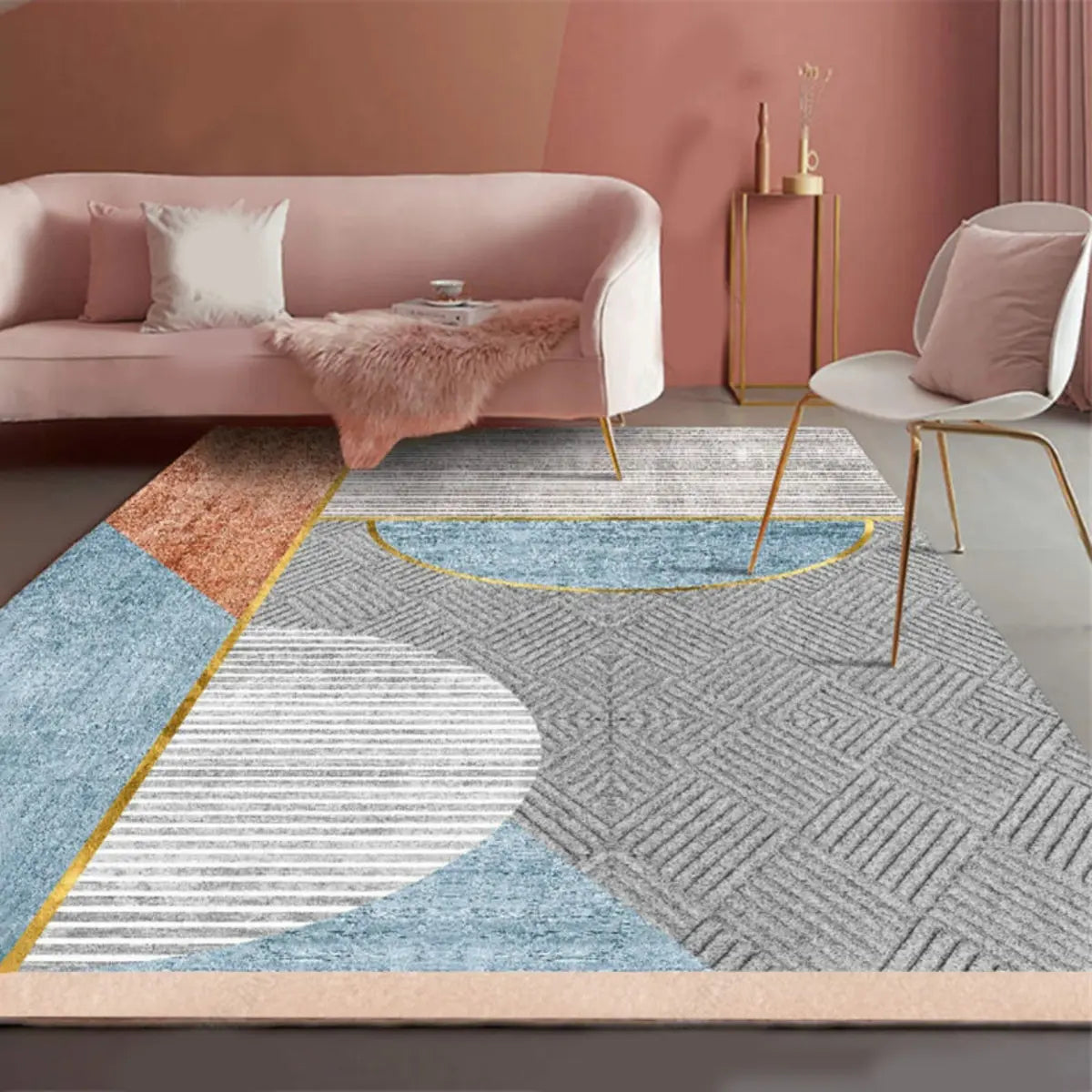 Anti-Slip Modern Geometric Polyester Pink Area Rug Image - 20