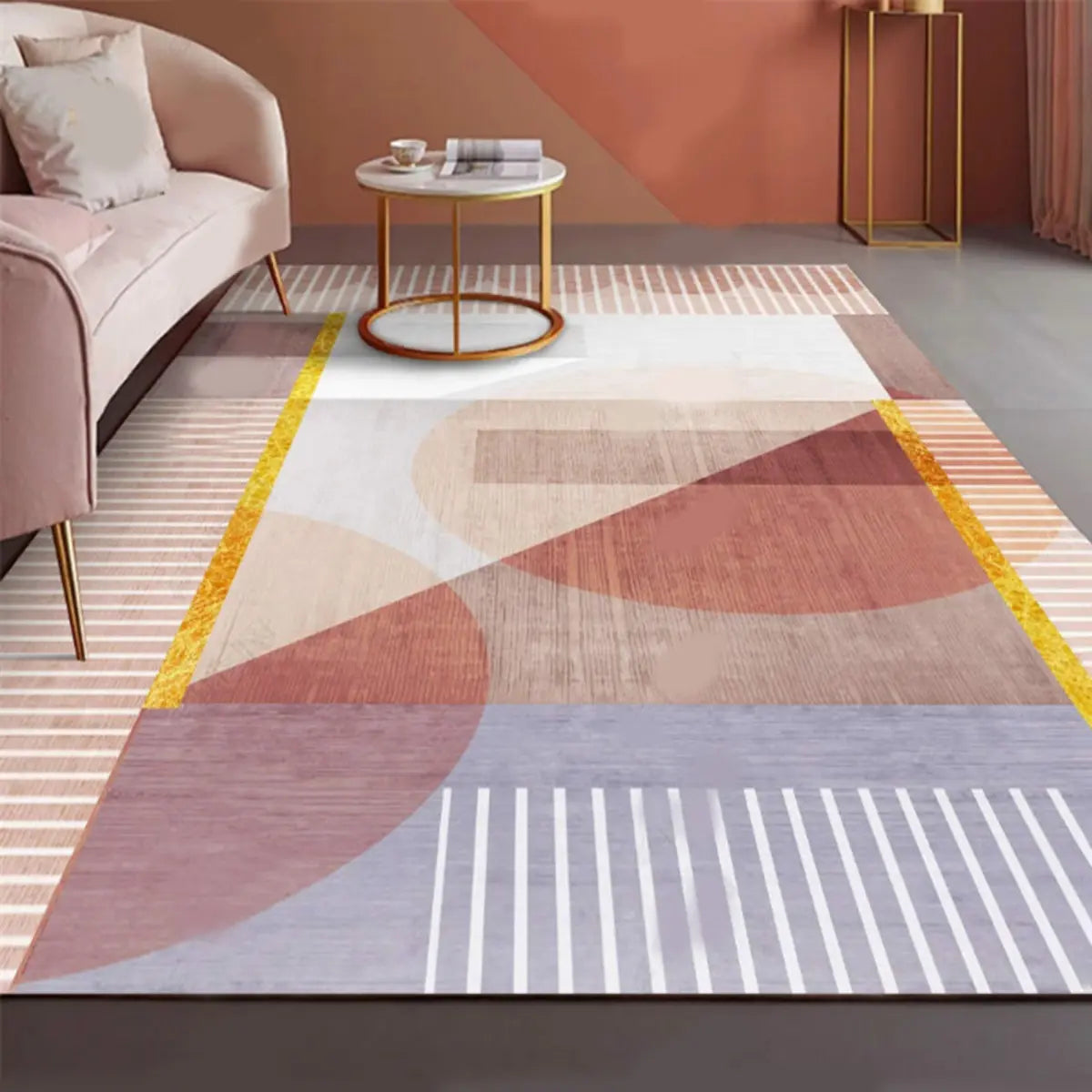 Anti-Slip Modern Geometric Polyester Pink Area Rug Image - 4