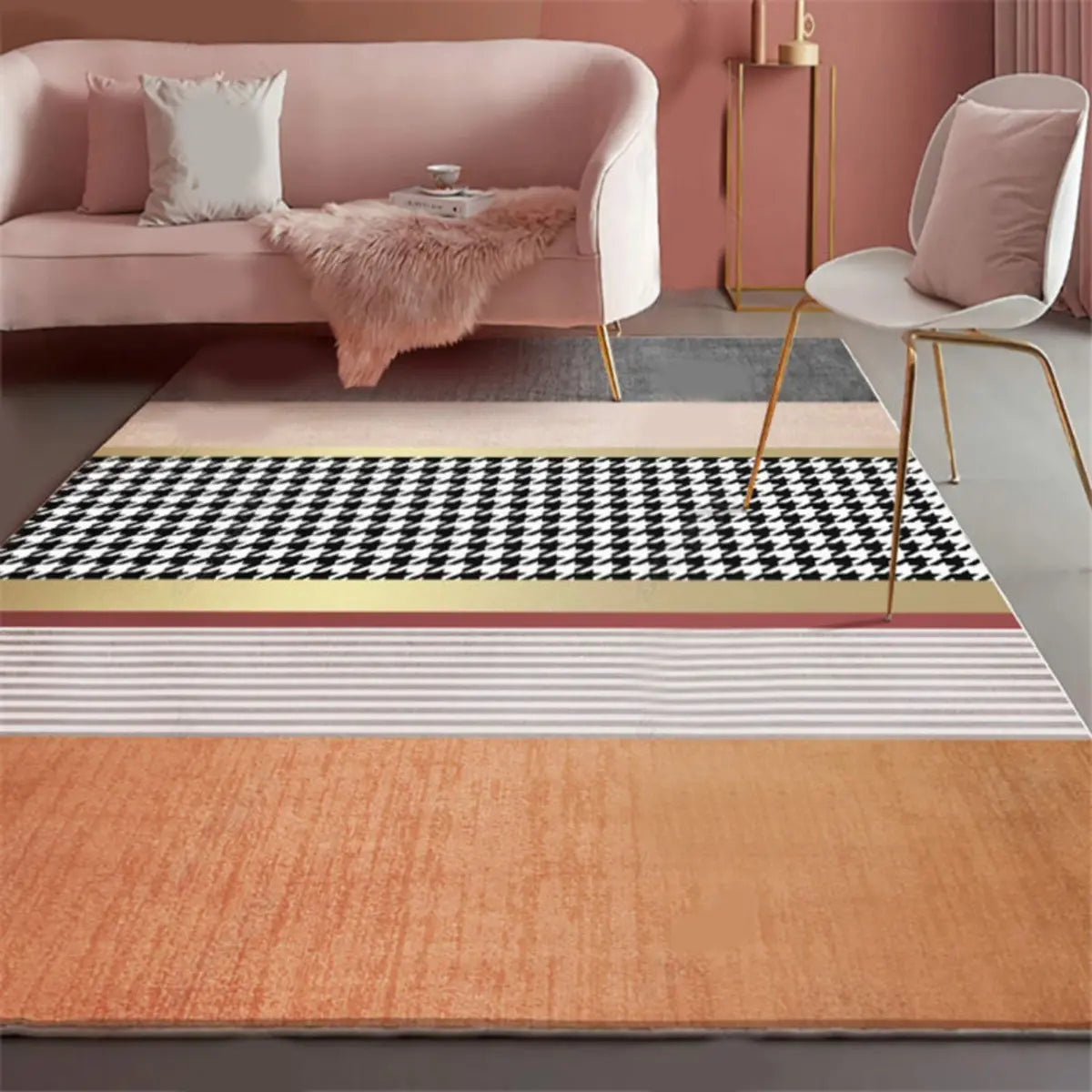 Anti-Slip Modern Geometric Polyester Pink Area Rug Image - 5