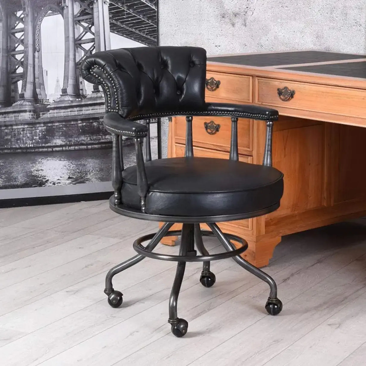 Antique Black Leather Chesterfield Office Chair with Casters Image - 1