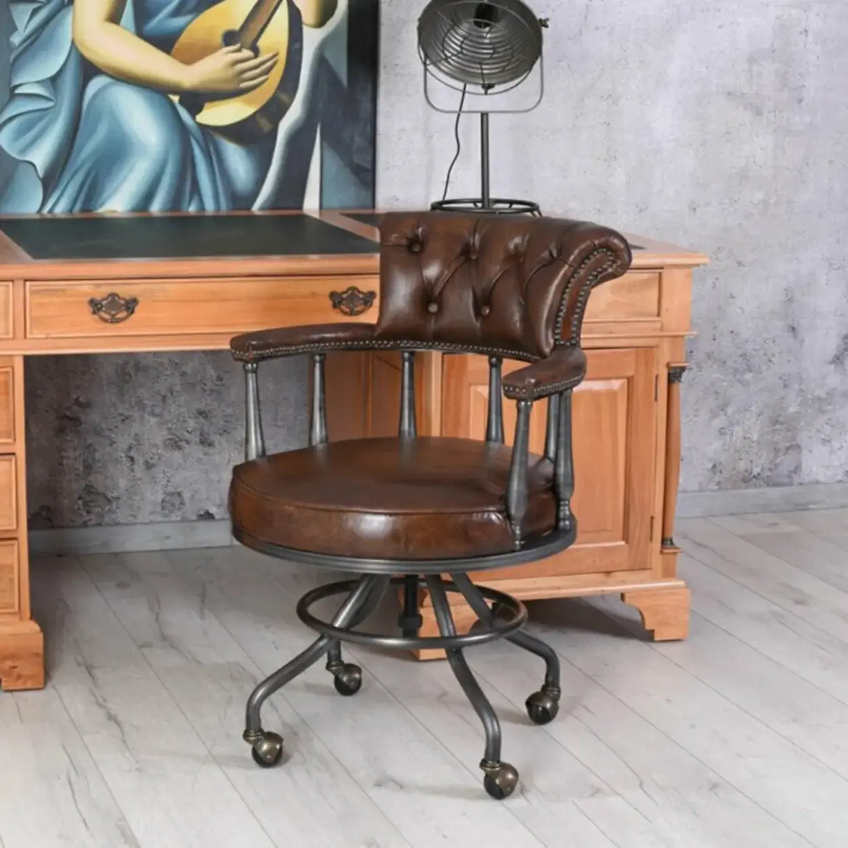 Antique Black Leather Chesterfield Office Chair with Casters Image - 3