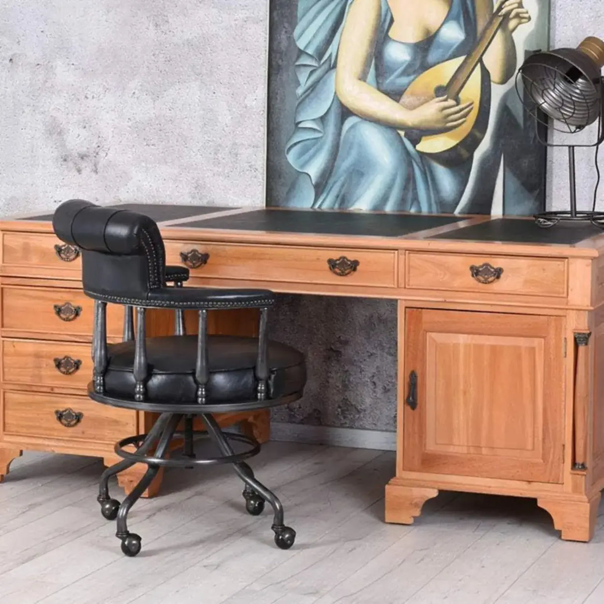 Antique Black Leather Chesterfield Office Chair with Casters Image - 4