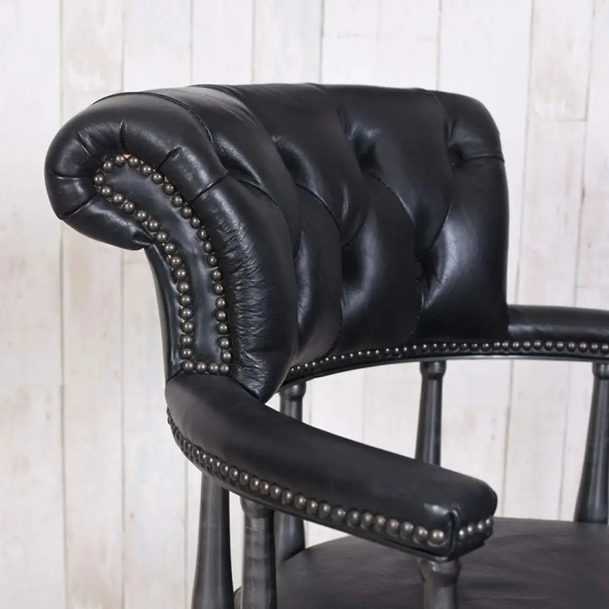 Antique Black Leather Chesterfield Office Chair with Casters Image - 5