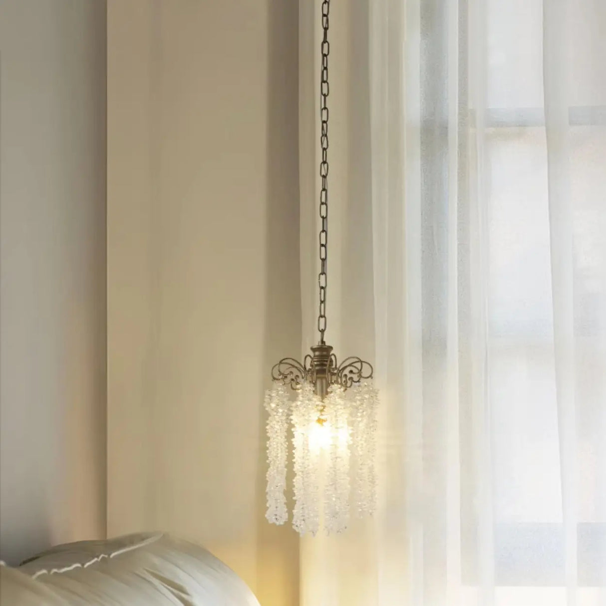 Antique Bronze Chain Bedroom Clear Crystal Pendant Light Image - 4