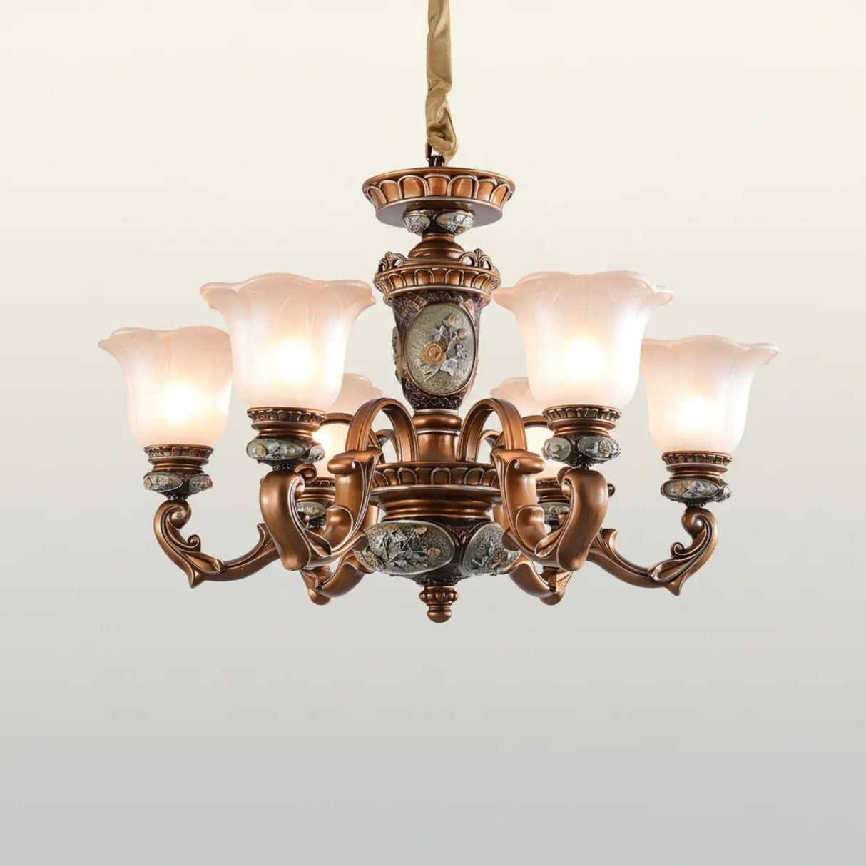 Antique Bronze Frosted Glass Flower Chandelier Bedroom Image - 9