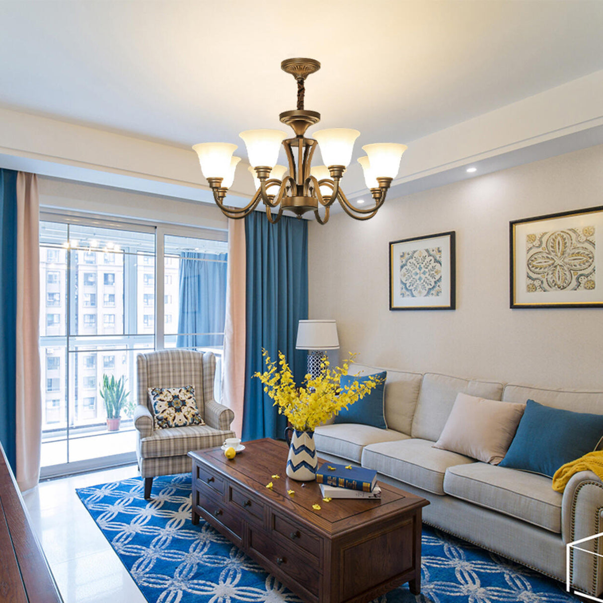 Antique Bronze White Glass Bell Shaped Chandelier Image - 1