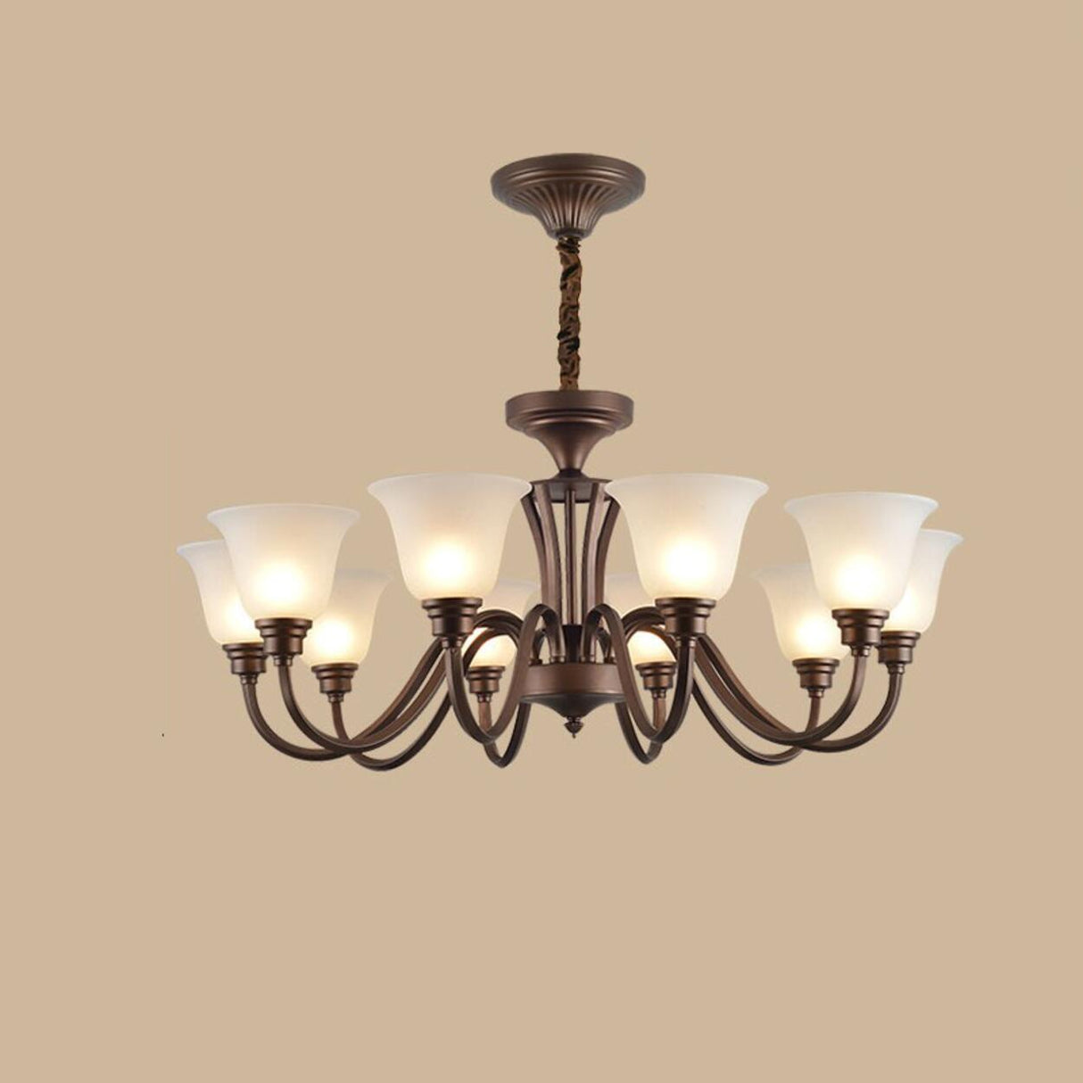 Antique Bronze White Glass Bell Shaped Chandelier Image - 10