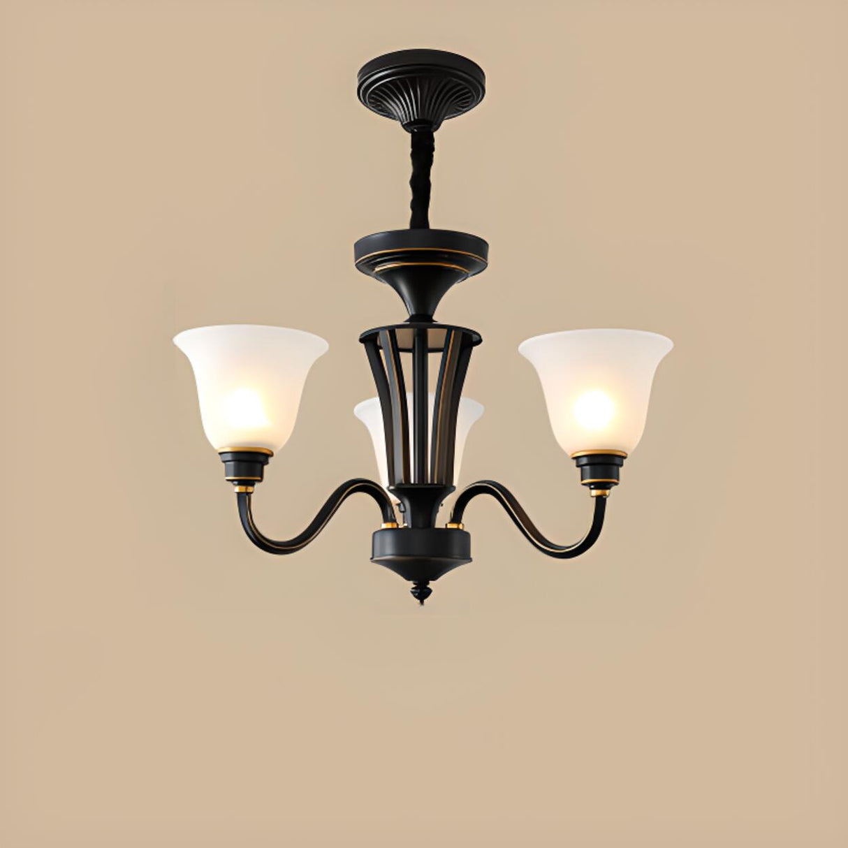 Antique Bronze White Glass Bell Shaped Chandelier Image - 11