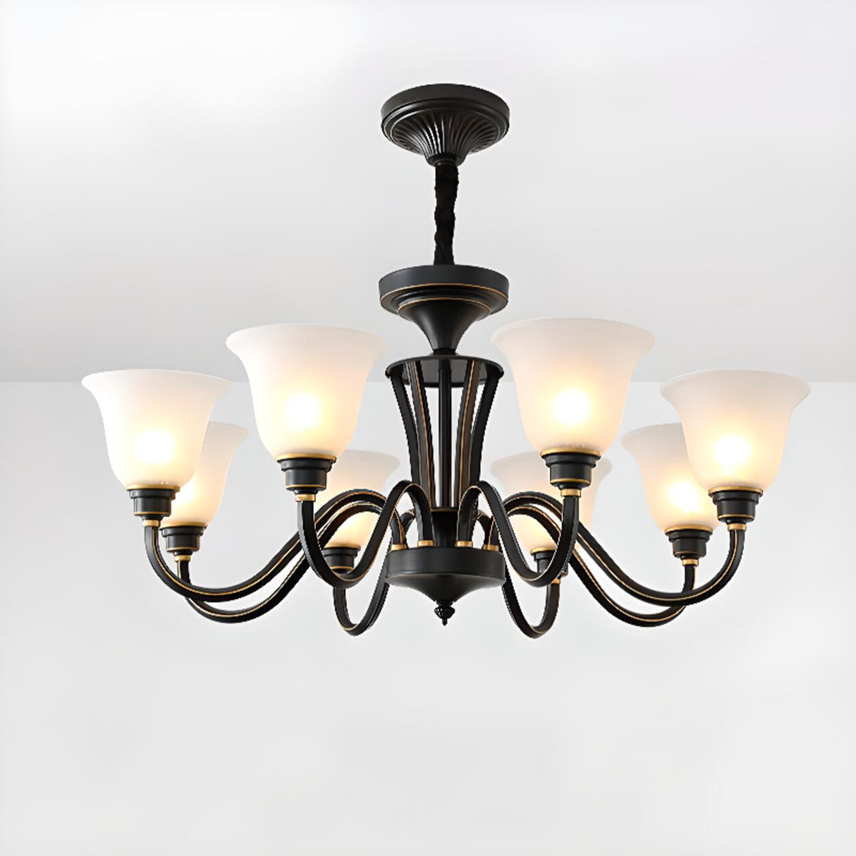 Antique Bronze White Glass Bell Shaped Chandelier Image - 12