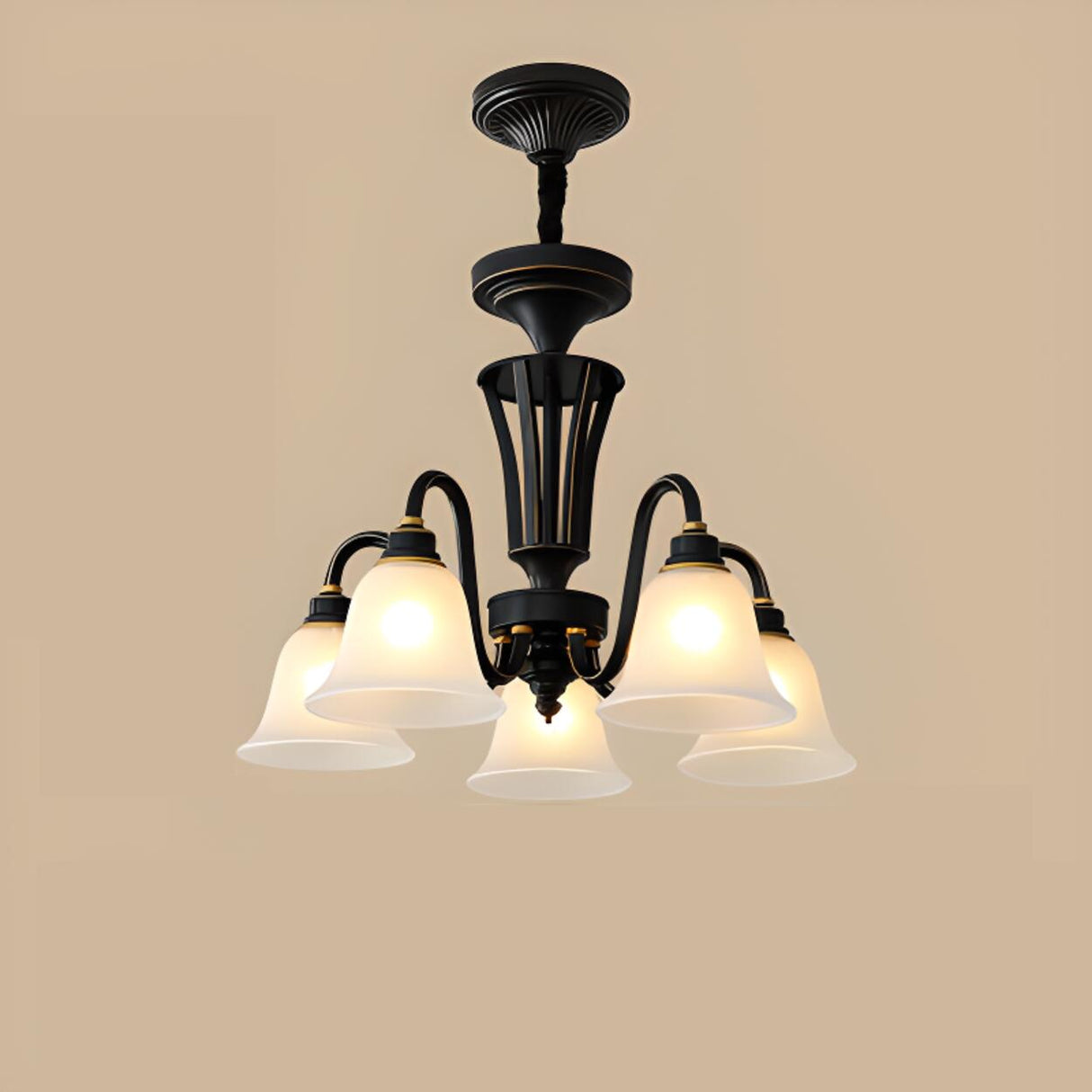 Antique Bronze White Glass Bell Shaped Chandelier Image - 13