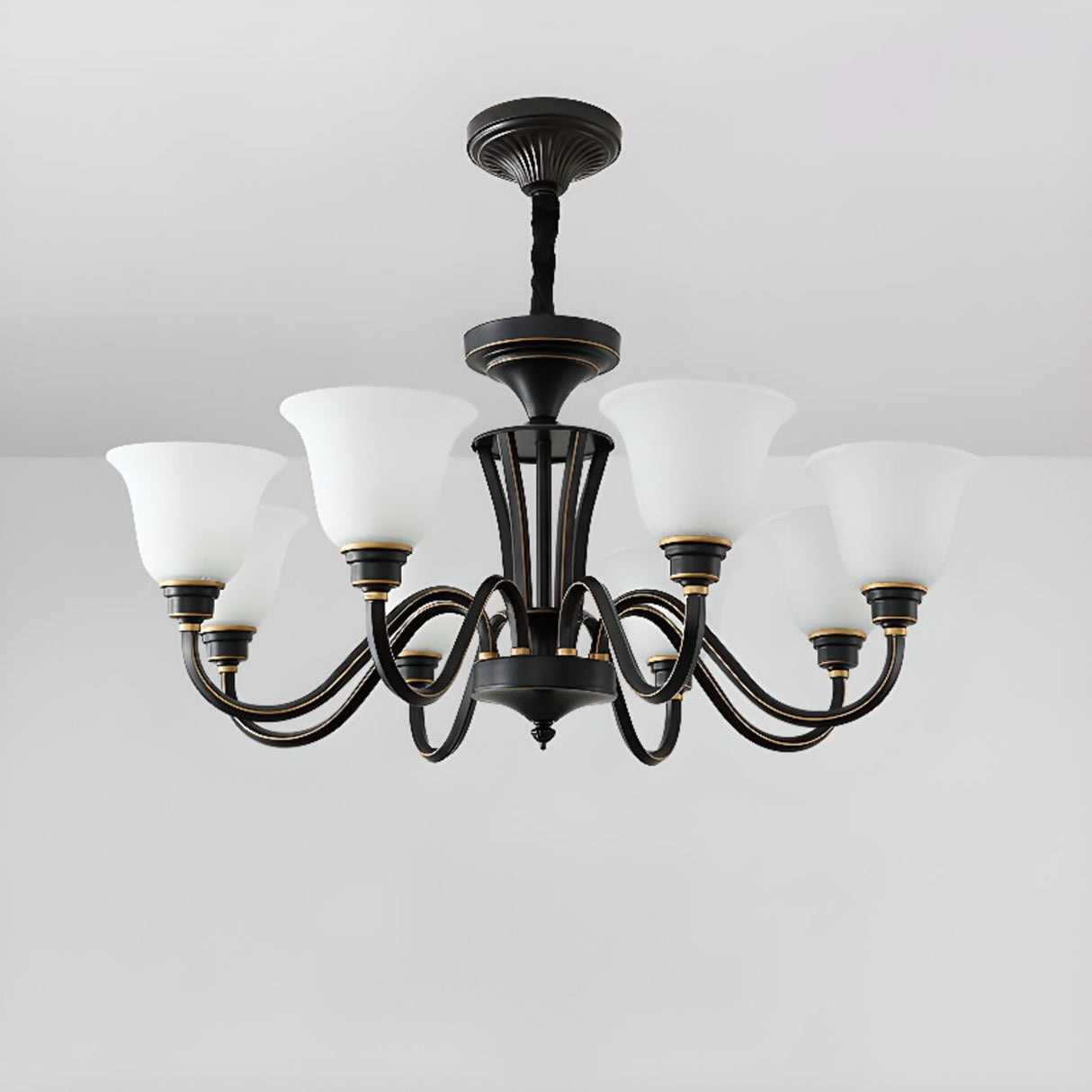 Antique Bronze White Glass Bell Shaped Chandelier Image - 14