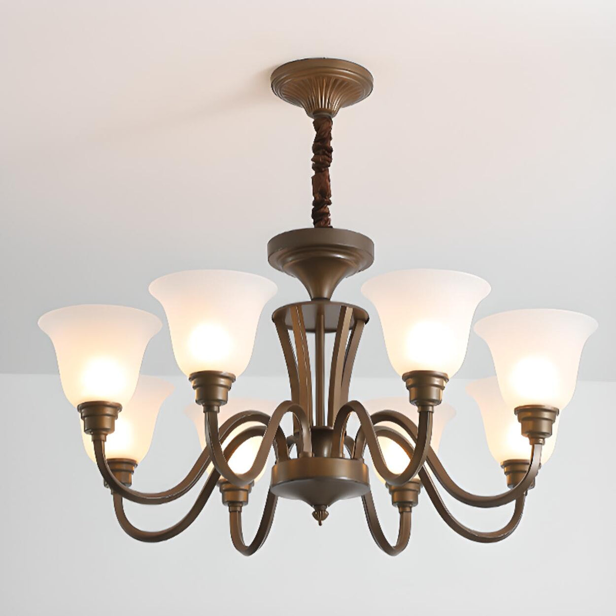 Antique Bronze White Glass Bell Shaped Chandelier Image - 16