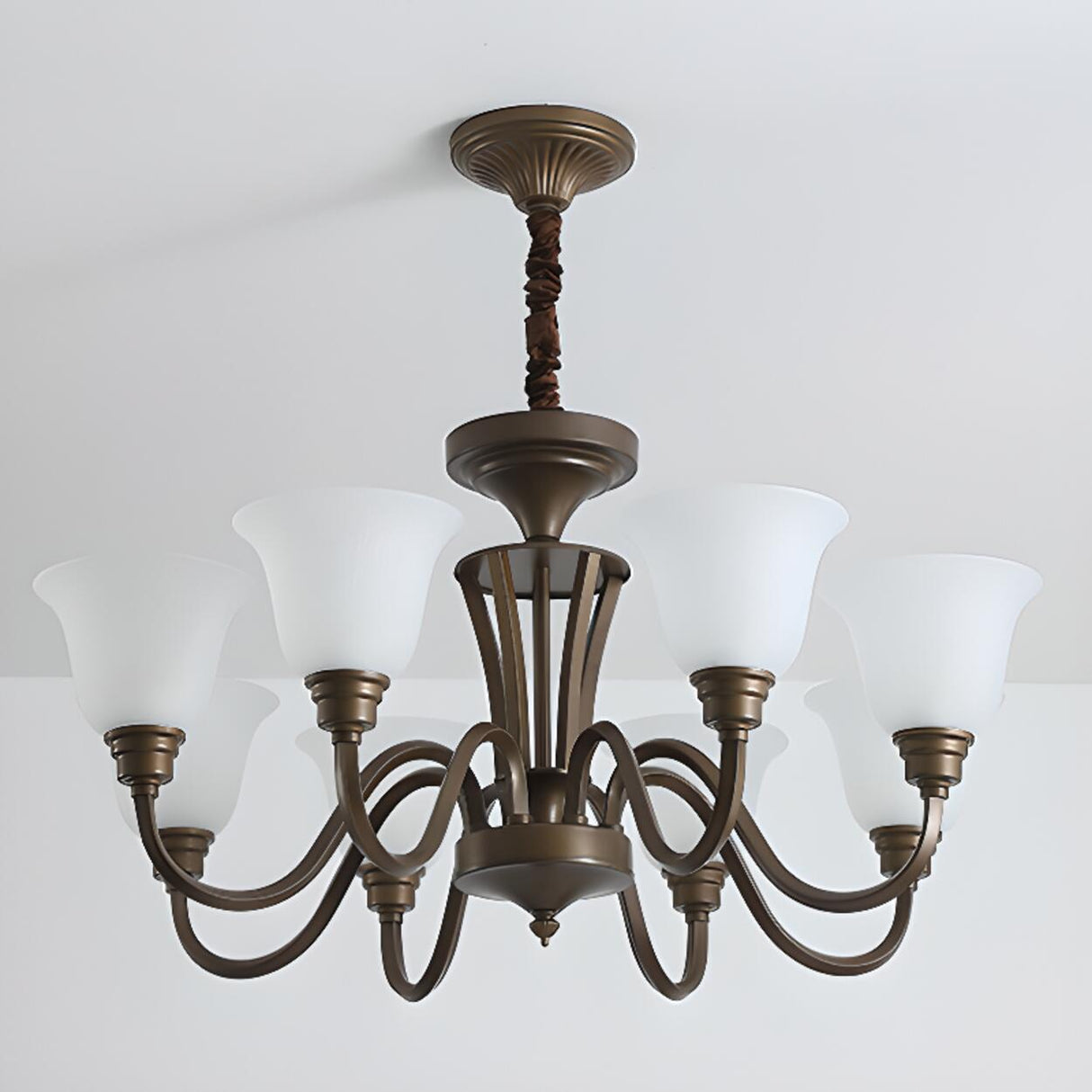 Antique Bronze White Glass Bell Shaped Chandelier Image - 18